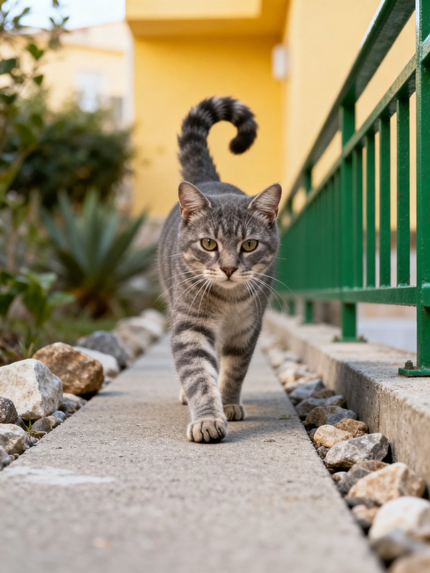 A gray tabby cat walks along a concrete path near a green fence