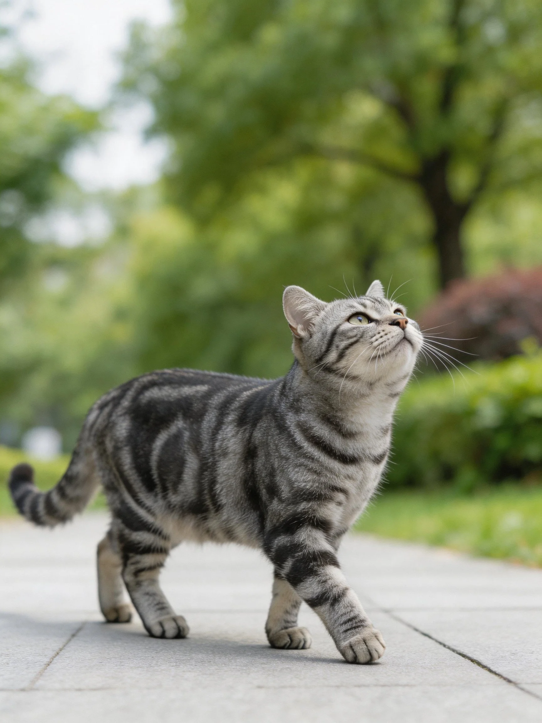 A gray tabby cat walks along a paved path near lush green trees
