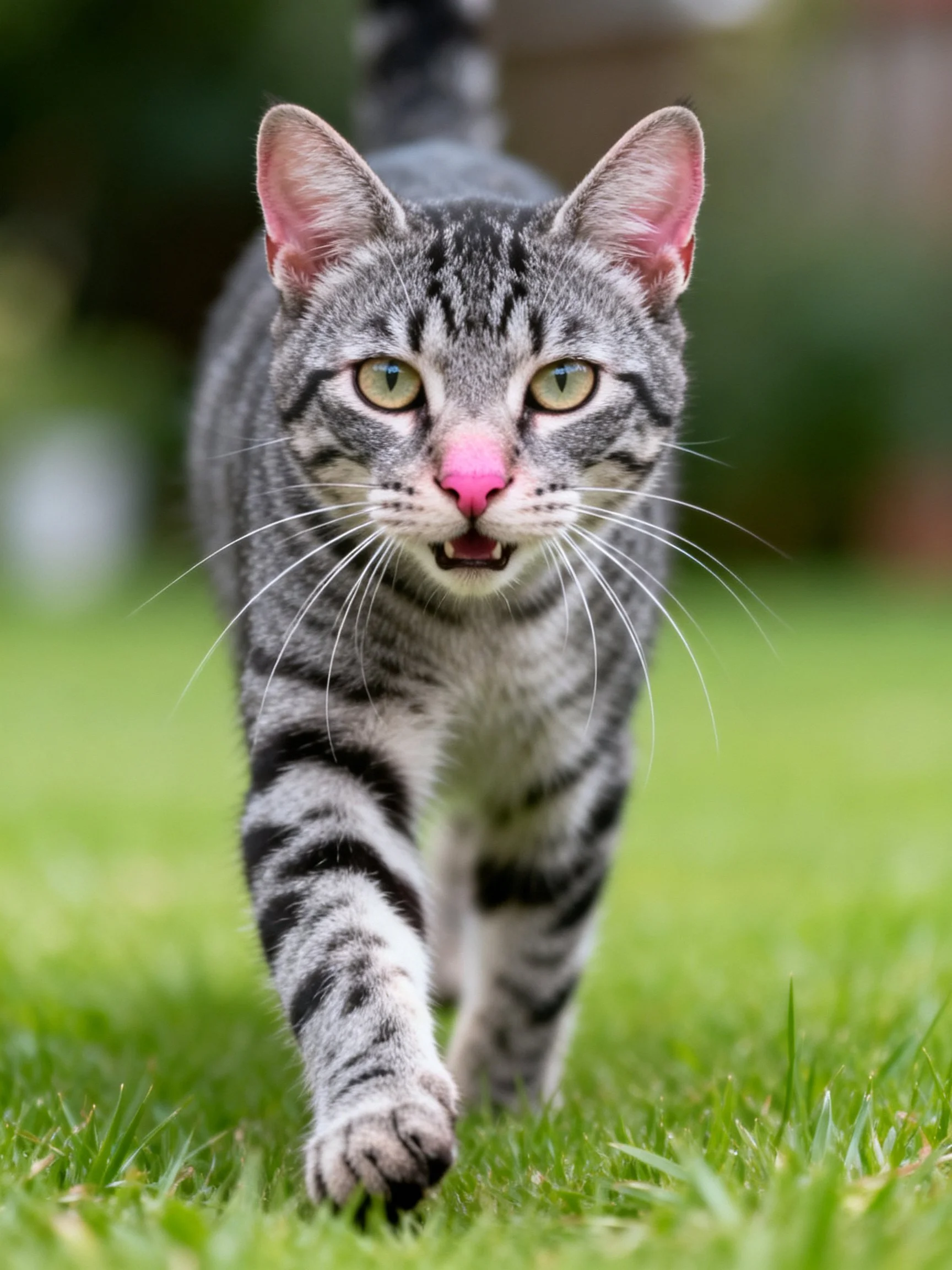 A gray tabby cat walks forward on lush green grass