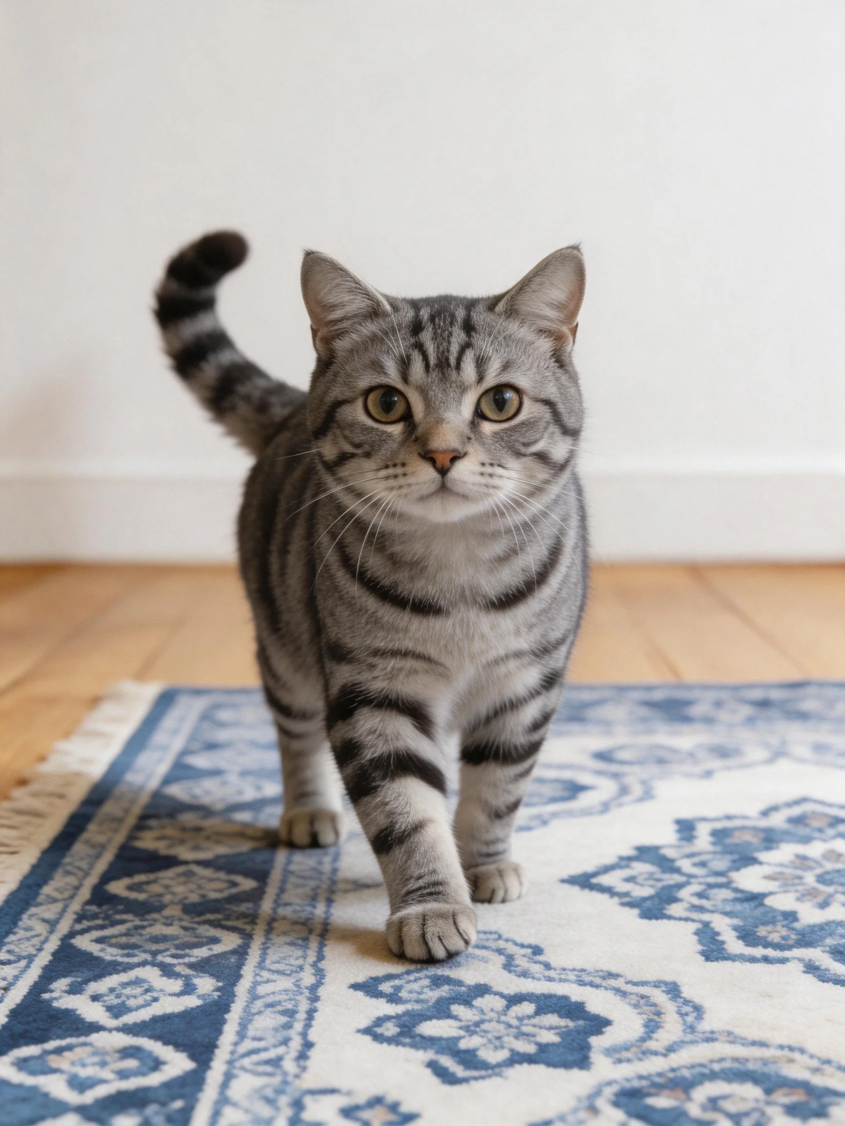 A gray tabby cat walks on a blue patterned rug over wood flooring