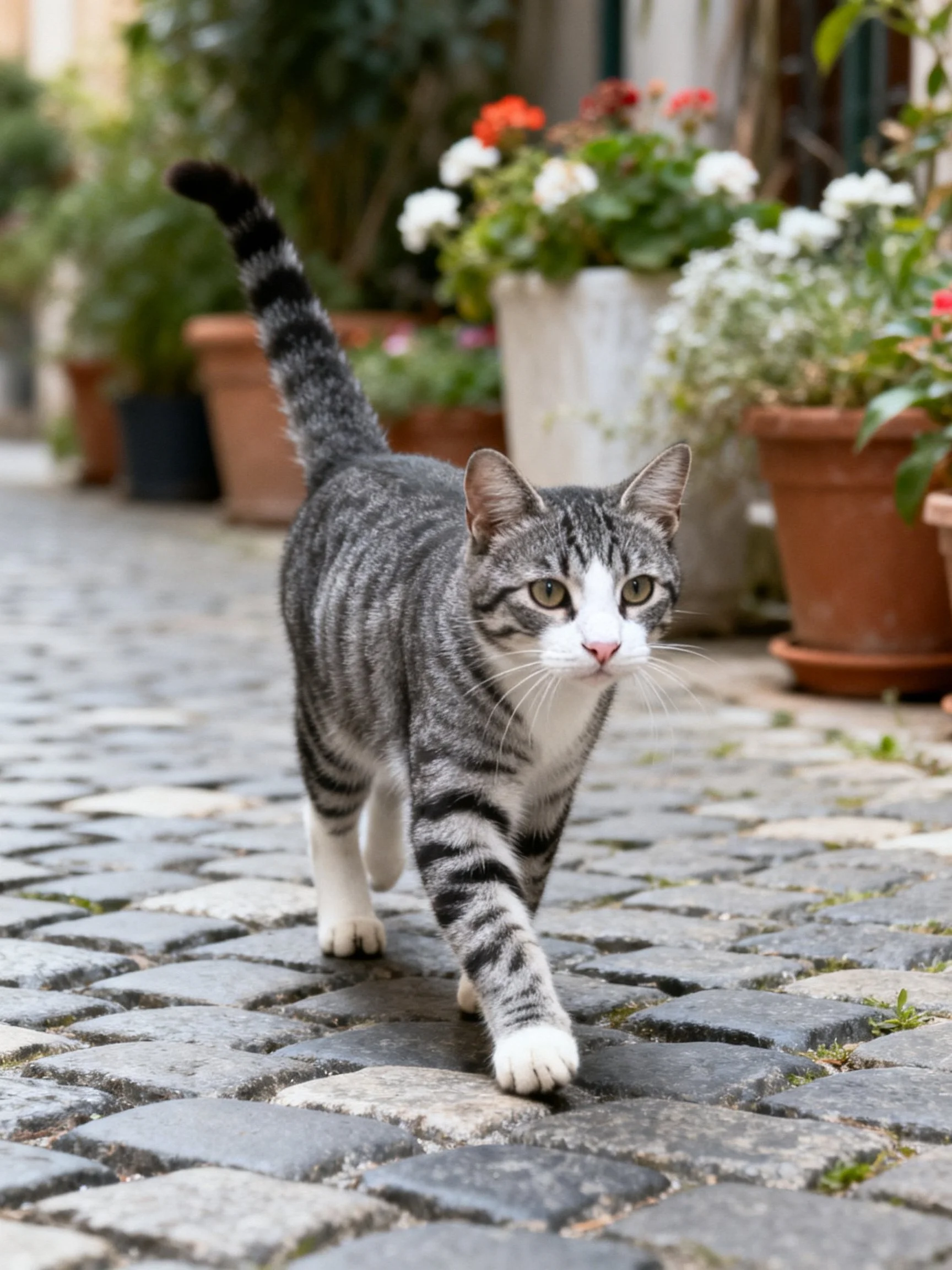 A gray tabby cat walks along a cobblestone street beside potted flowers
