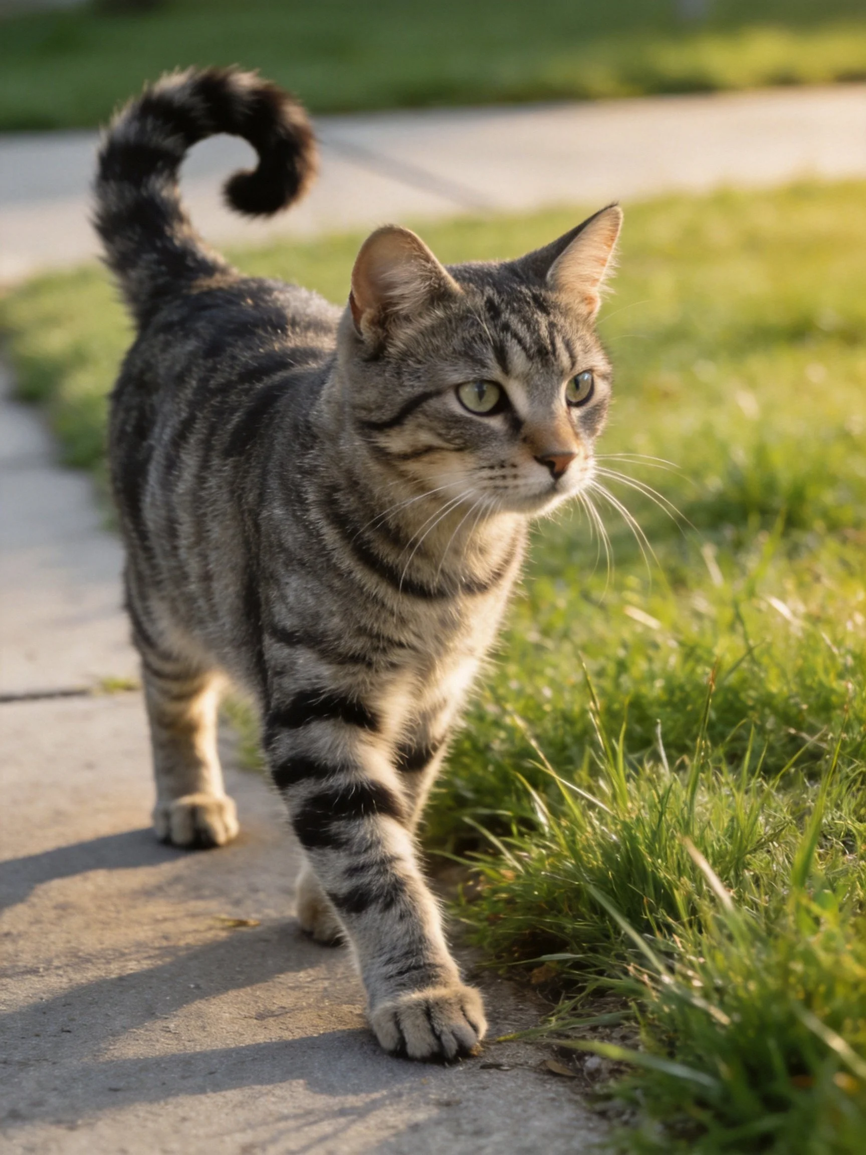 A gray tabby cat walks on a concrete path beside green grass