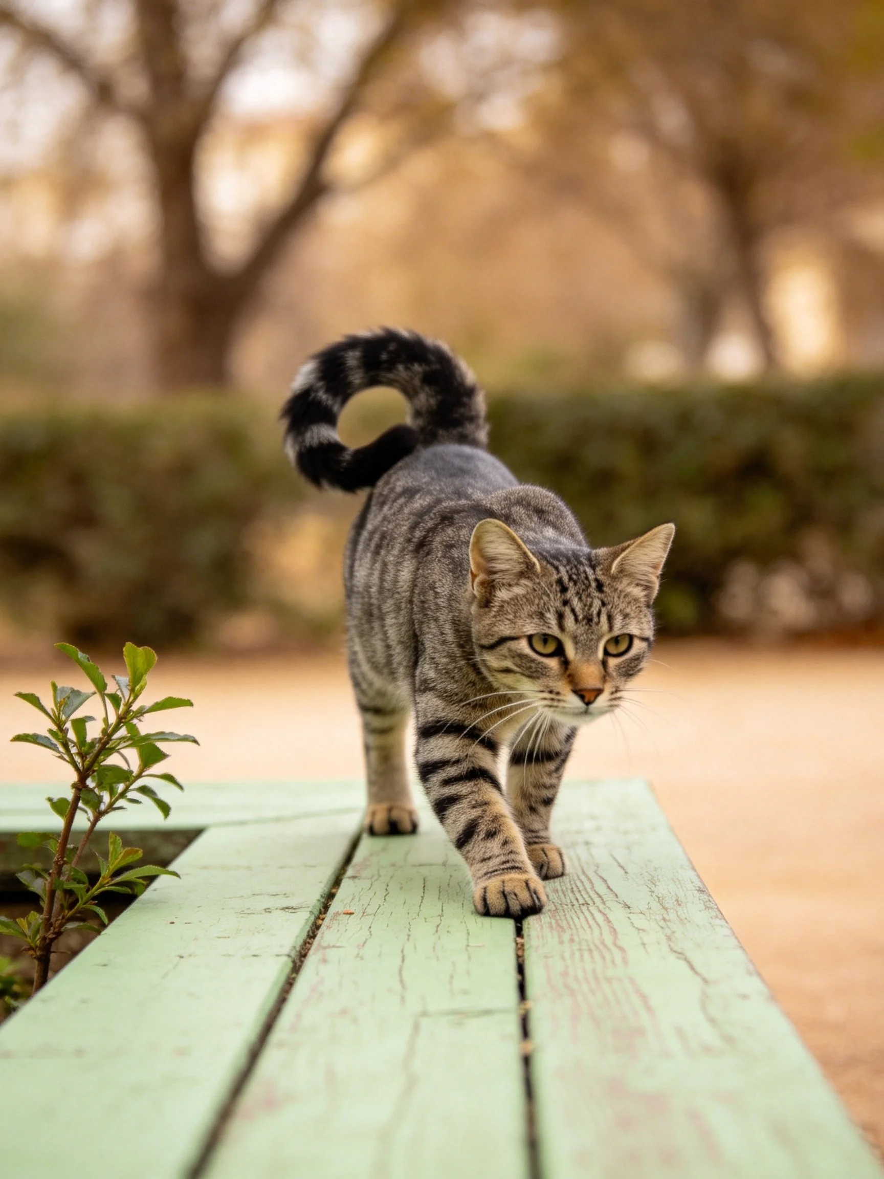 A gray tabby cat carefully moves on a worn green bench in an outdoor space.