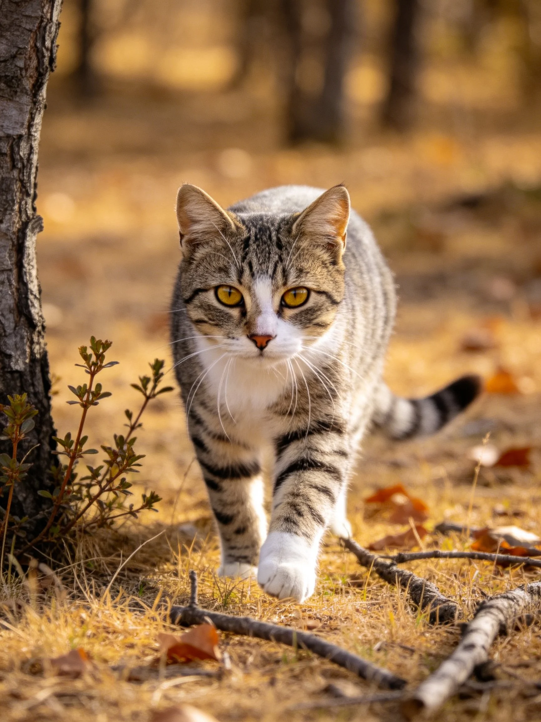 A gray tabby cat roams a sunlit autumn forest with dry grass and fallen leaves.