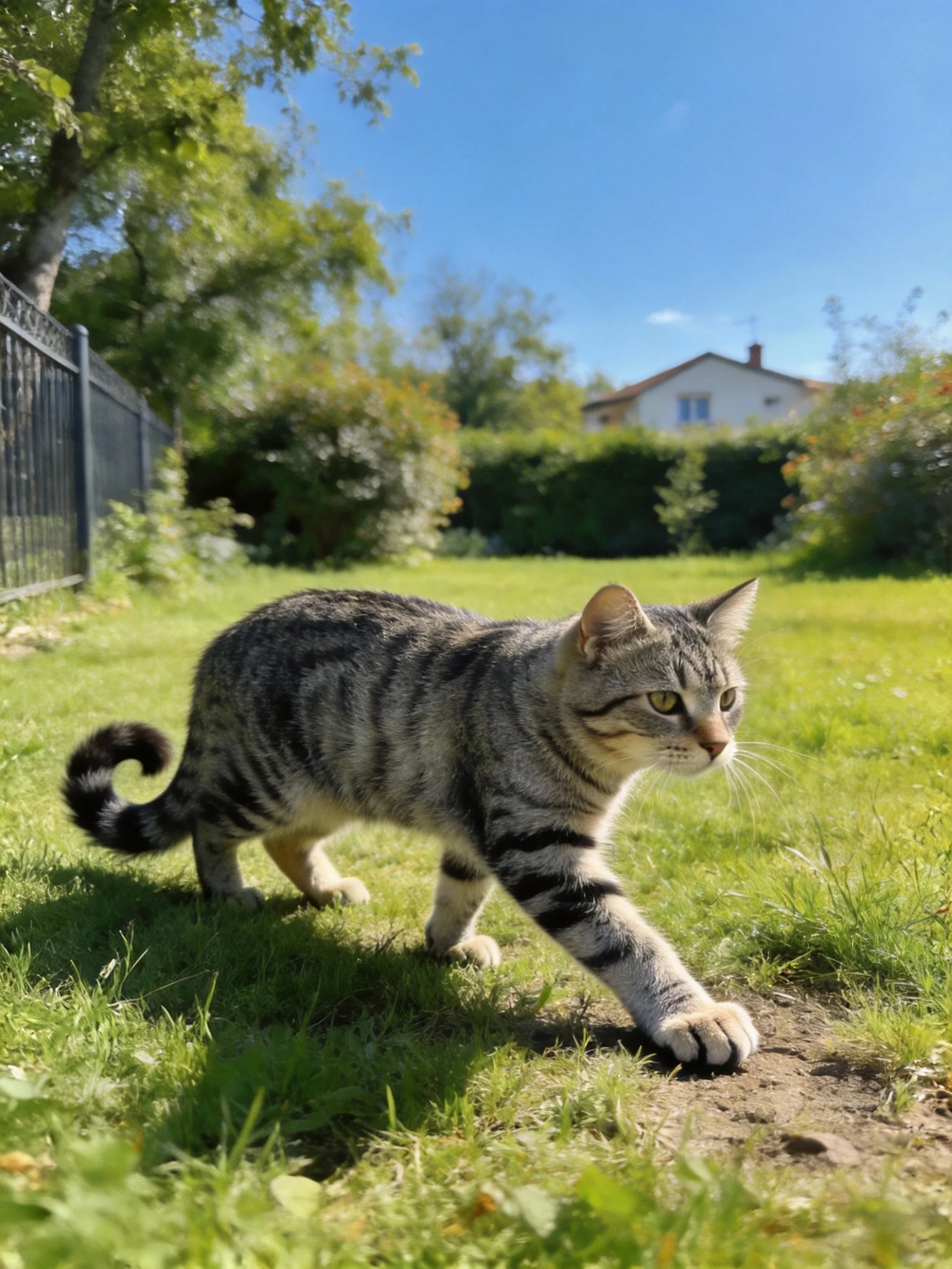 A gray tabby cat roams through a sunlit backyard with green grass.