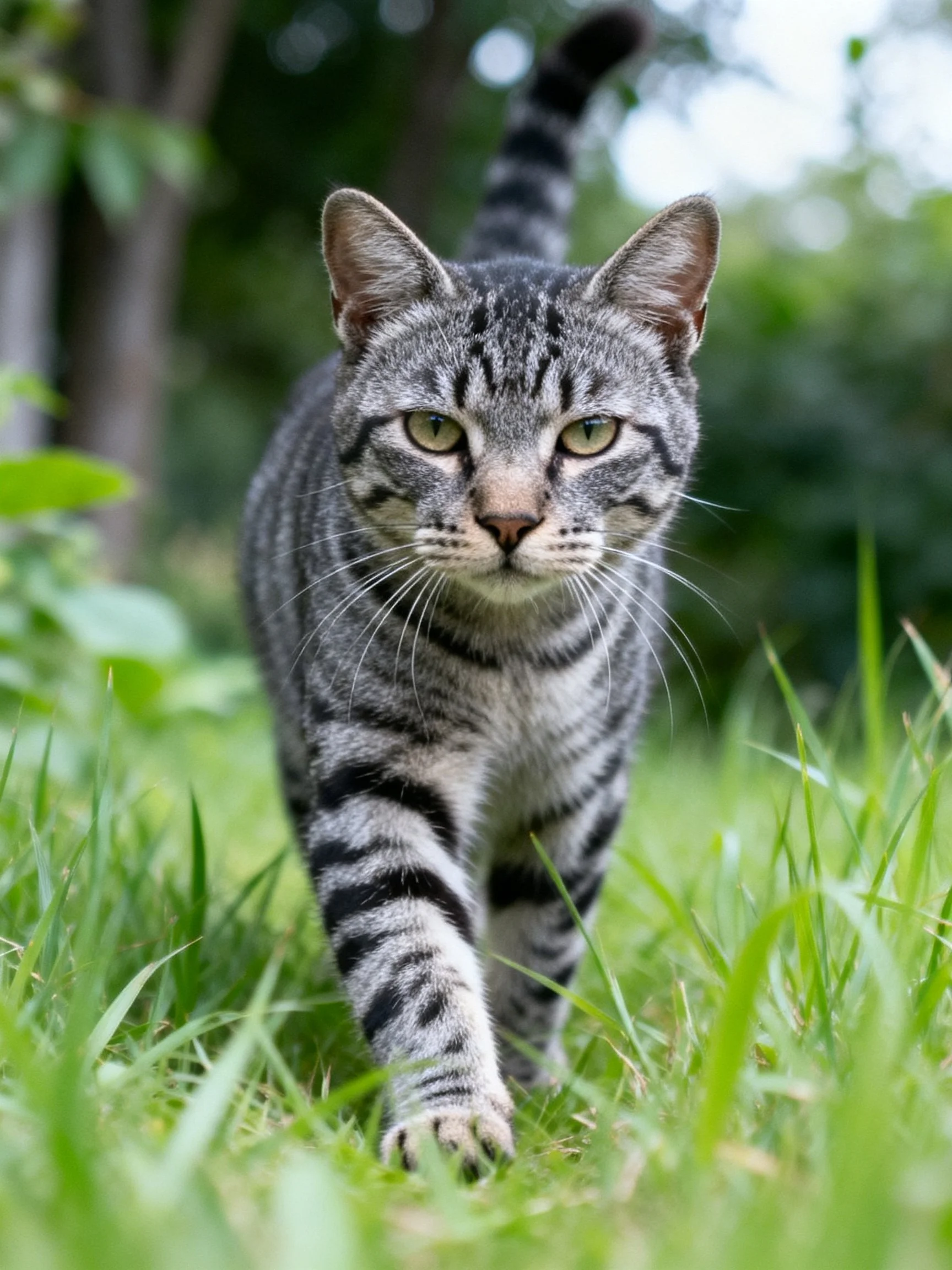 A gray tabby cat walks through lush green grass outdoors