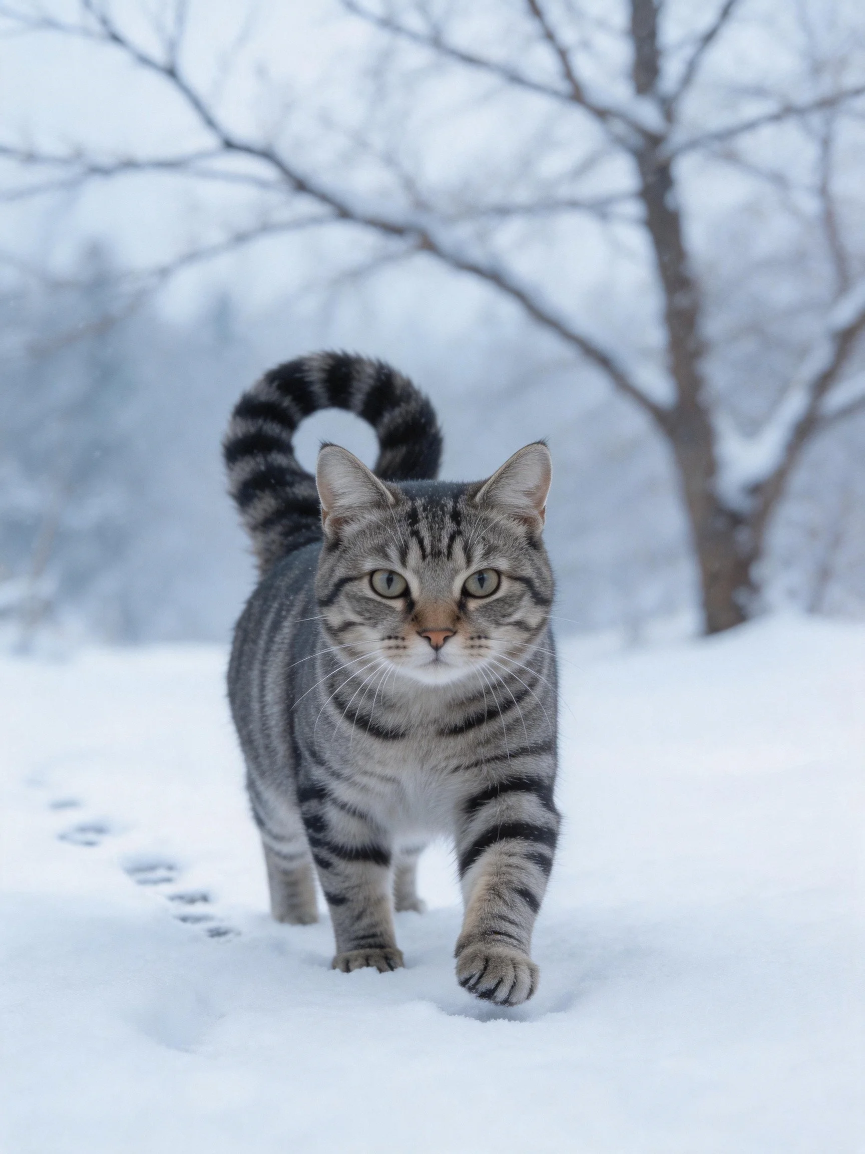 A gray-tabby cat walks through snowy landscape