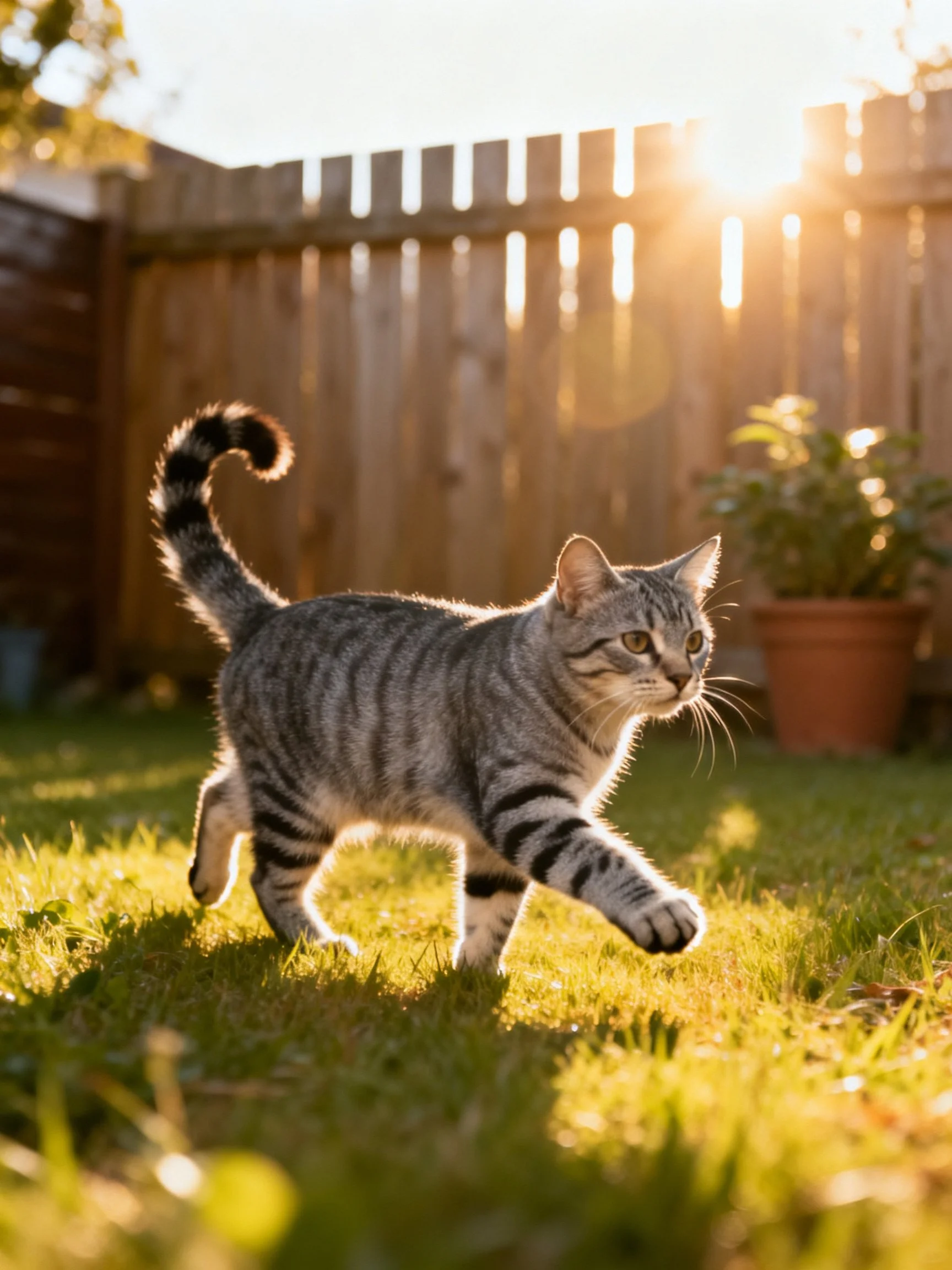 A gray tabby cat explores sunlit backyard grass near a wooden fence