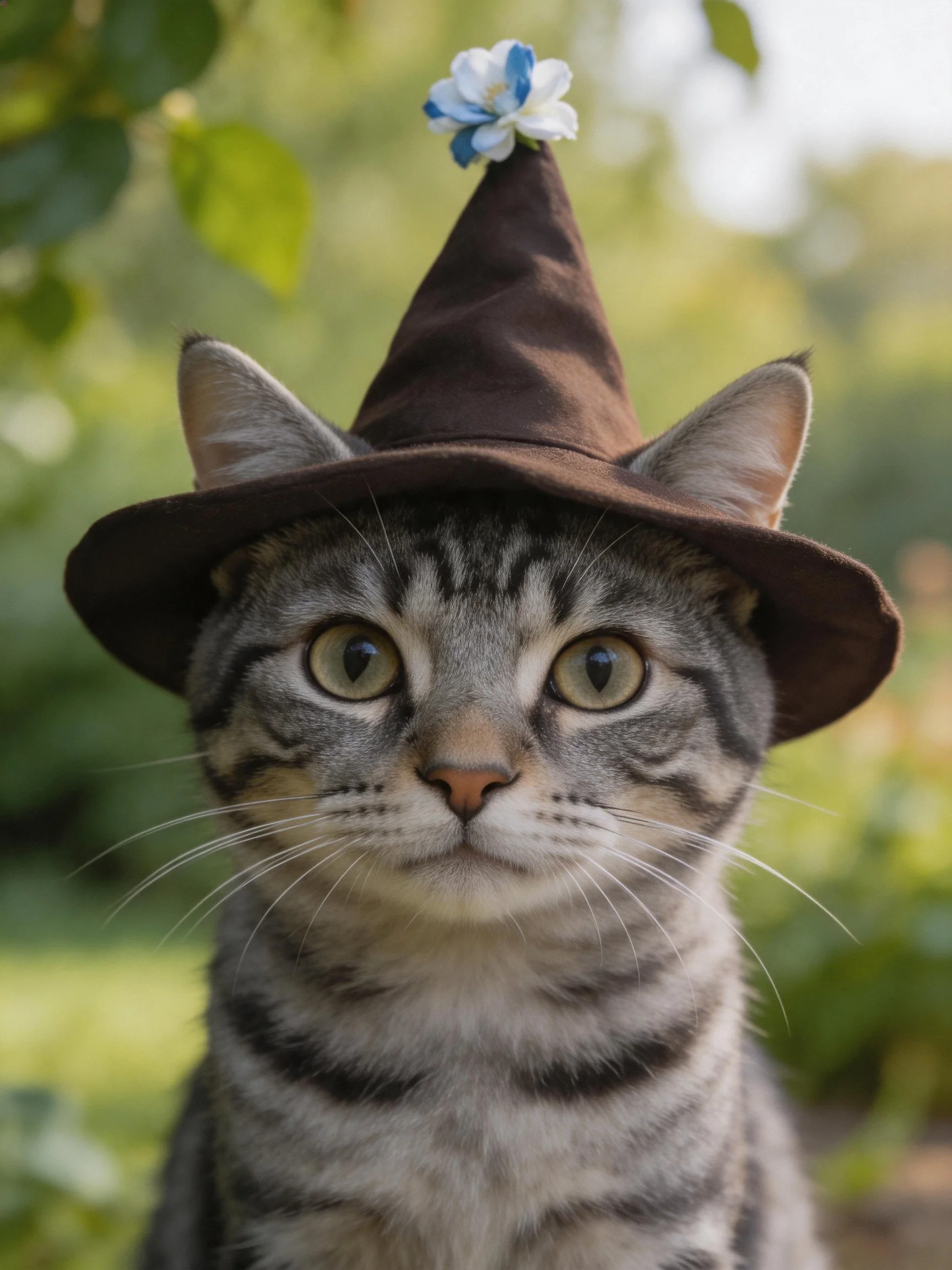 A gray tabby cat wearing a brown pointed wizard hat with a blue flower