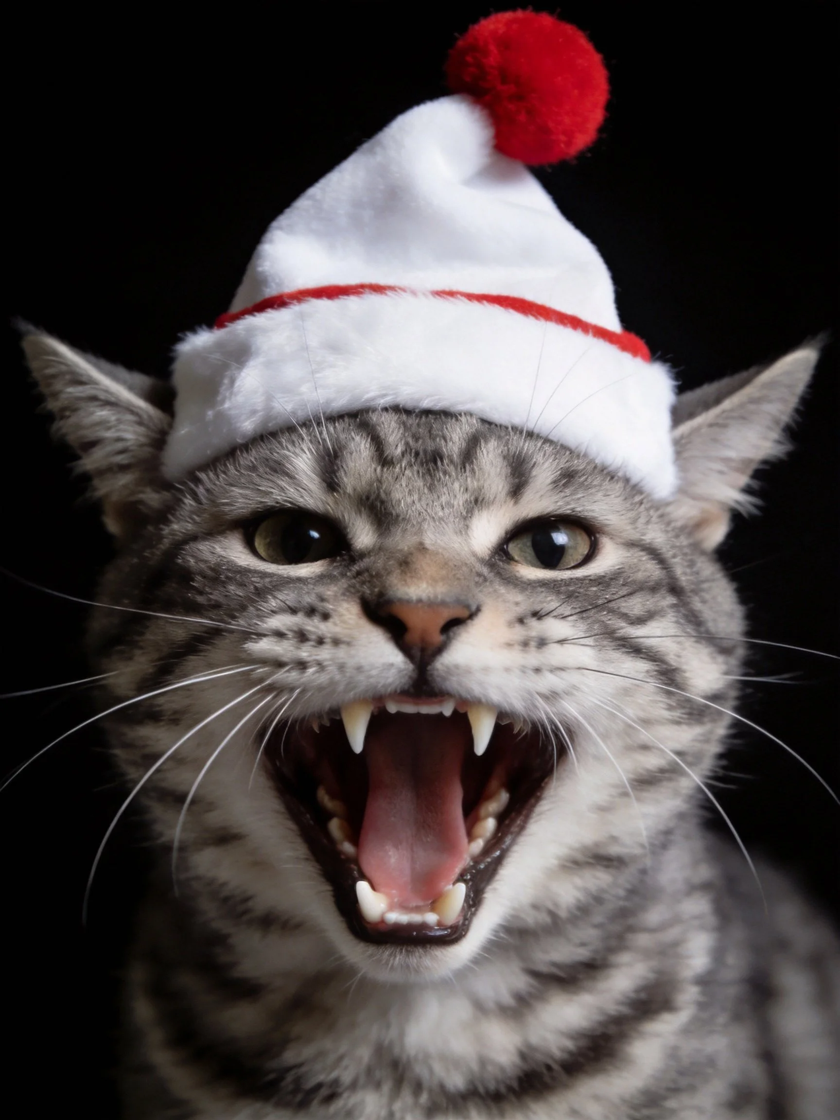 A gray tabby cat wears a white red-trimmed hat with a red pom-pom