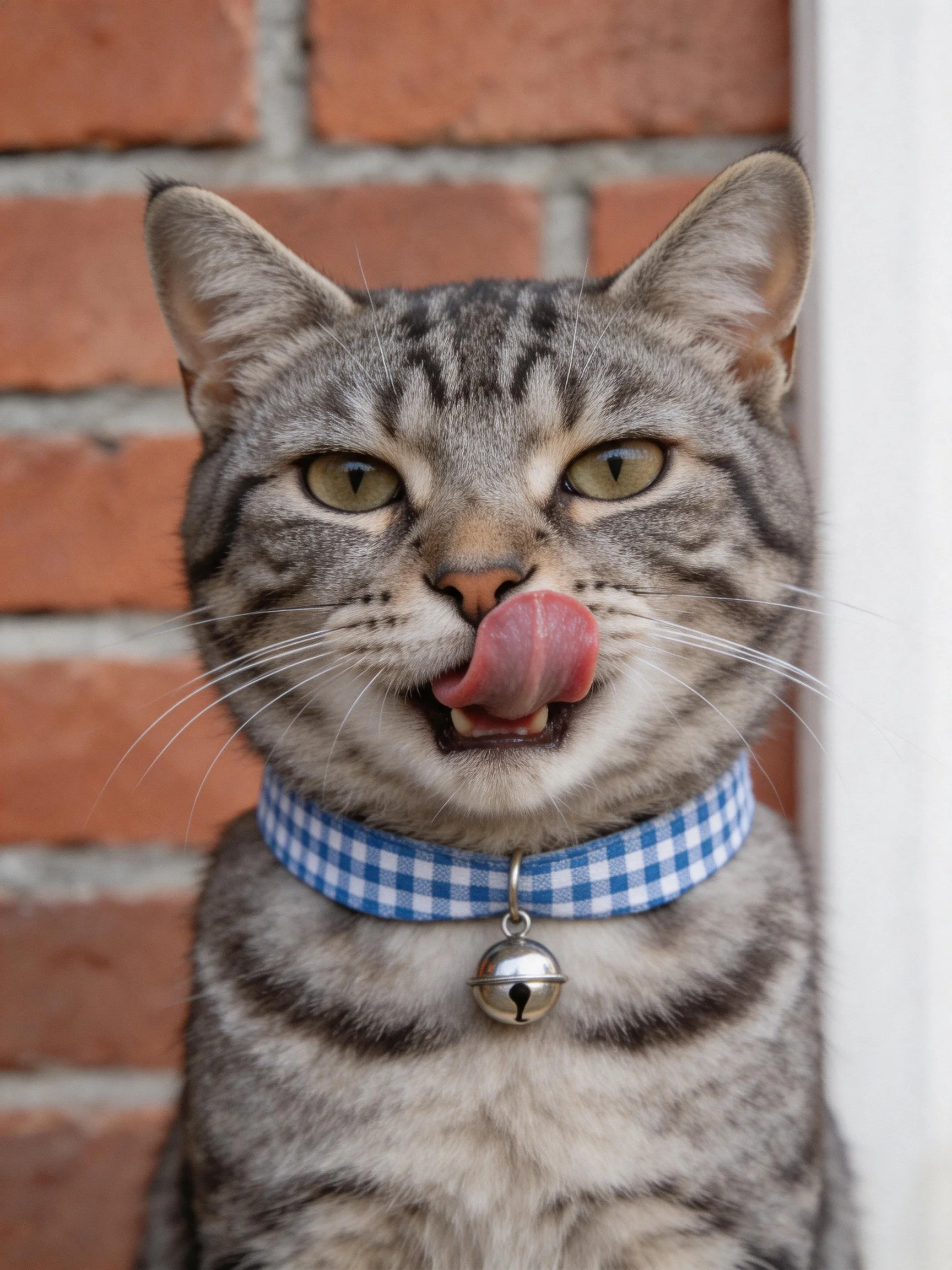 A gray tabby cat with a blue checkered collar licking near a brick wall