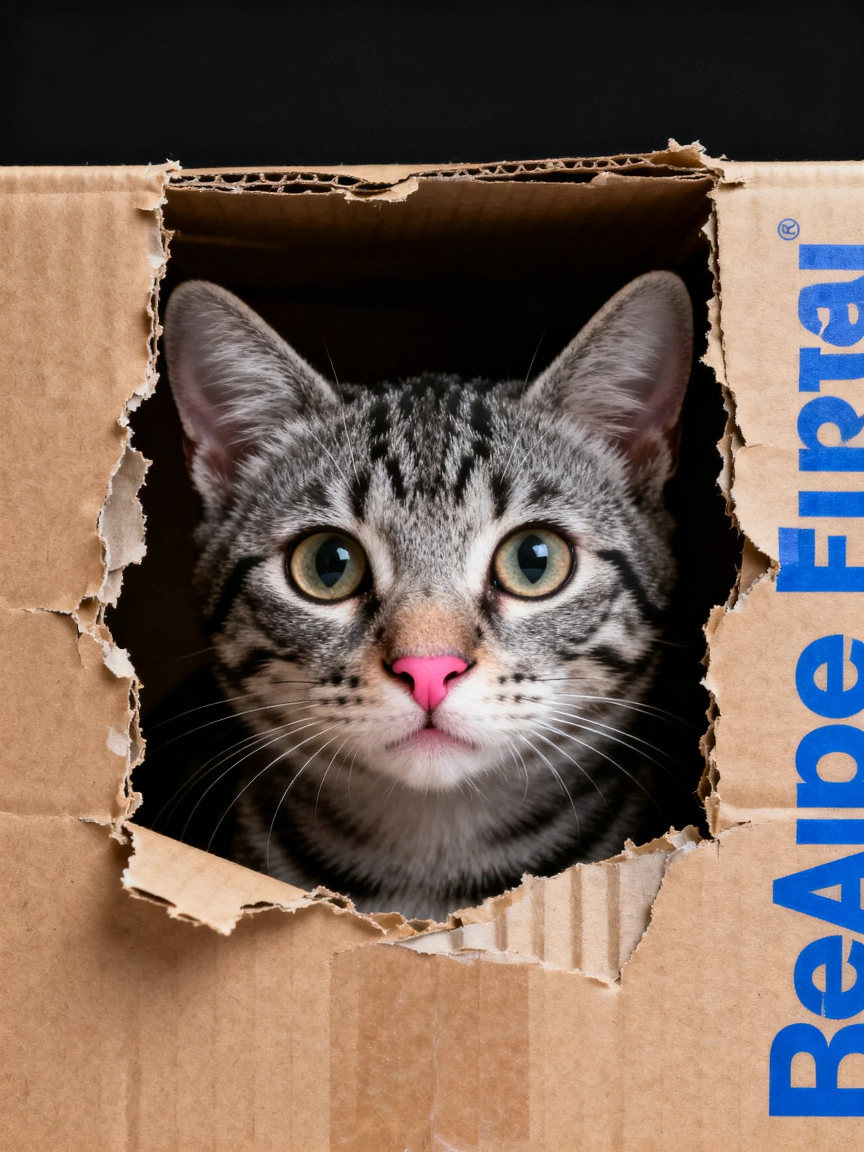 A gray tabby cat with a pink nose peeks from a torn cardboard box