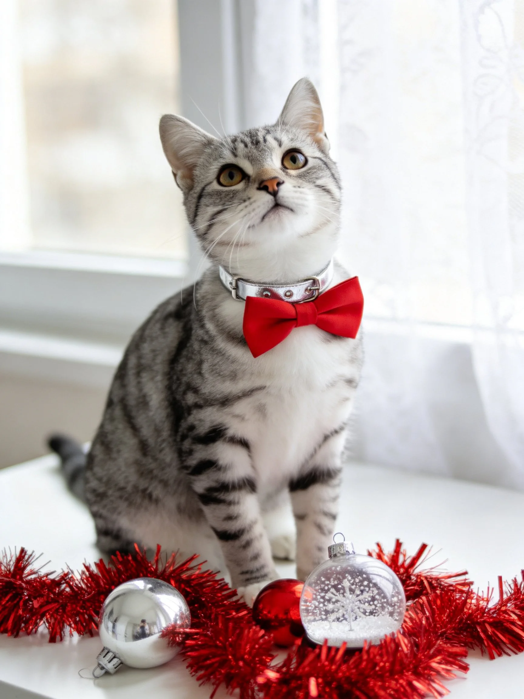 A gray tabby cat with a red bow tie near holiday decorations