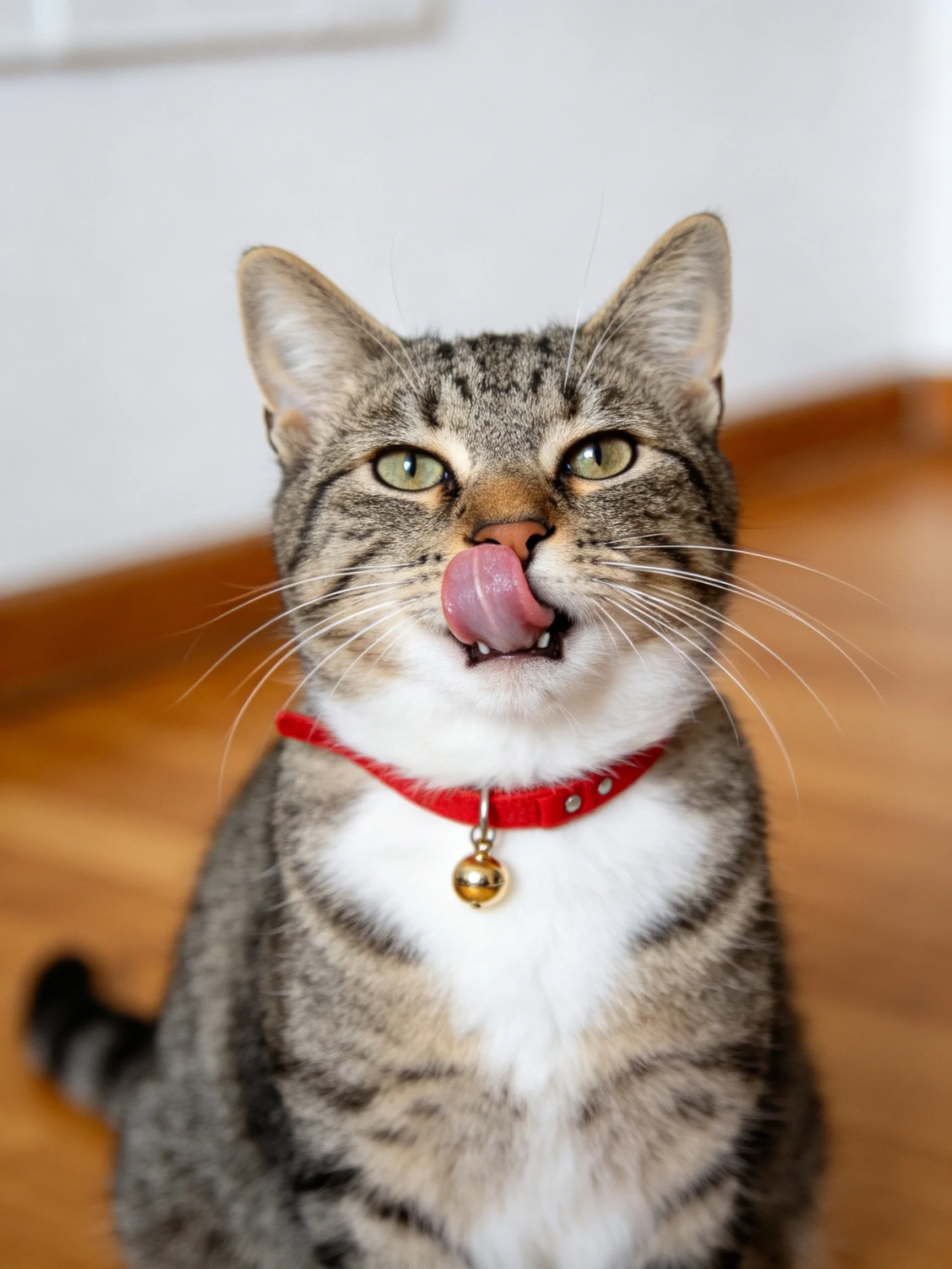 A gray tabby cat with a red collar licks itself indoors.