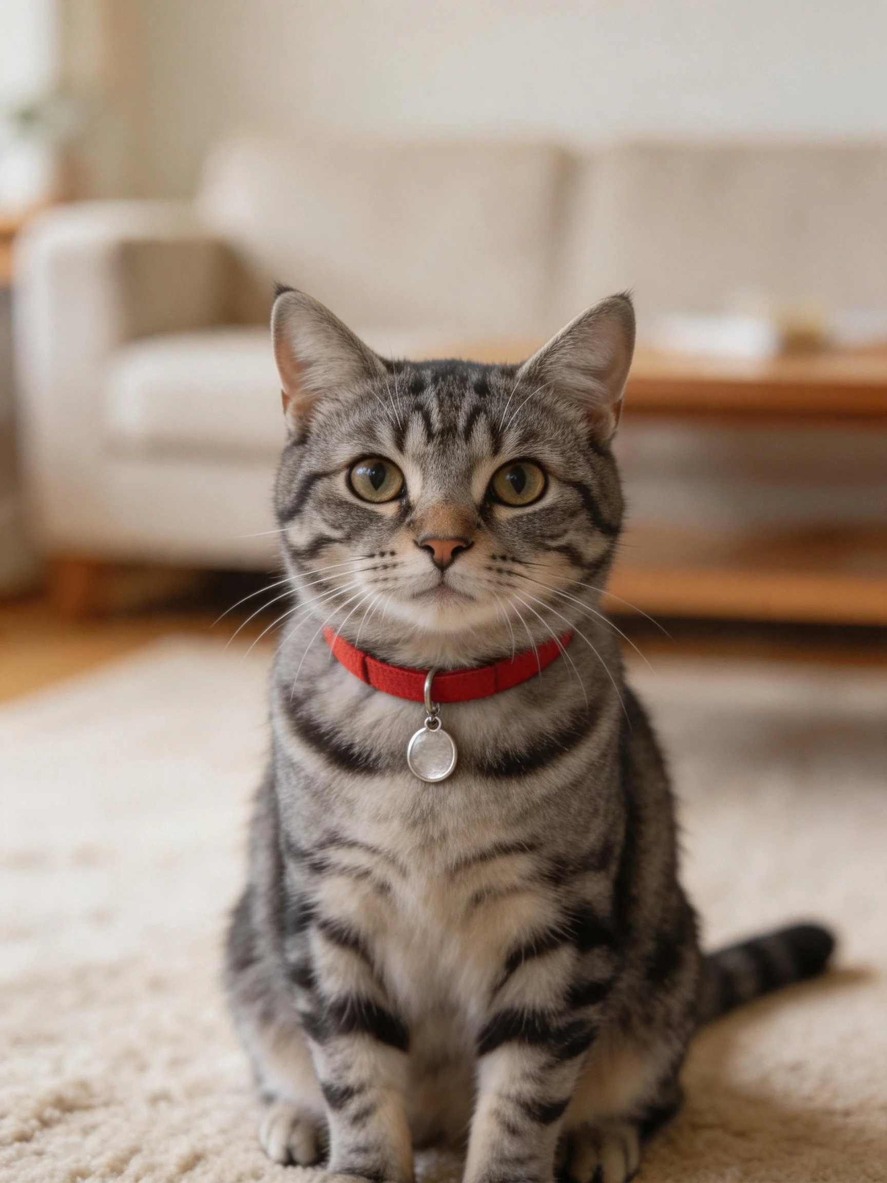 A gray tabby cat with a red collar sits in a cozy living room