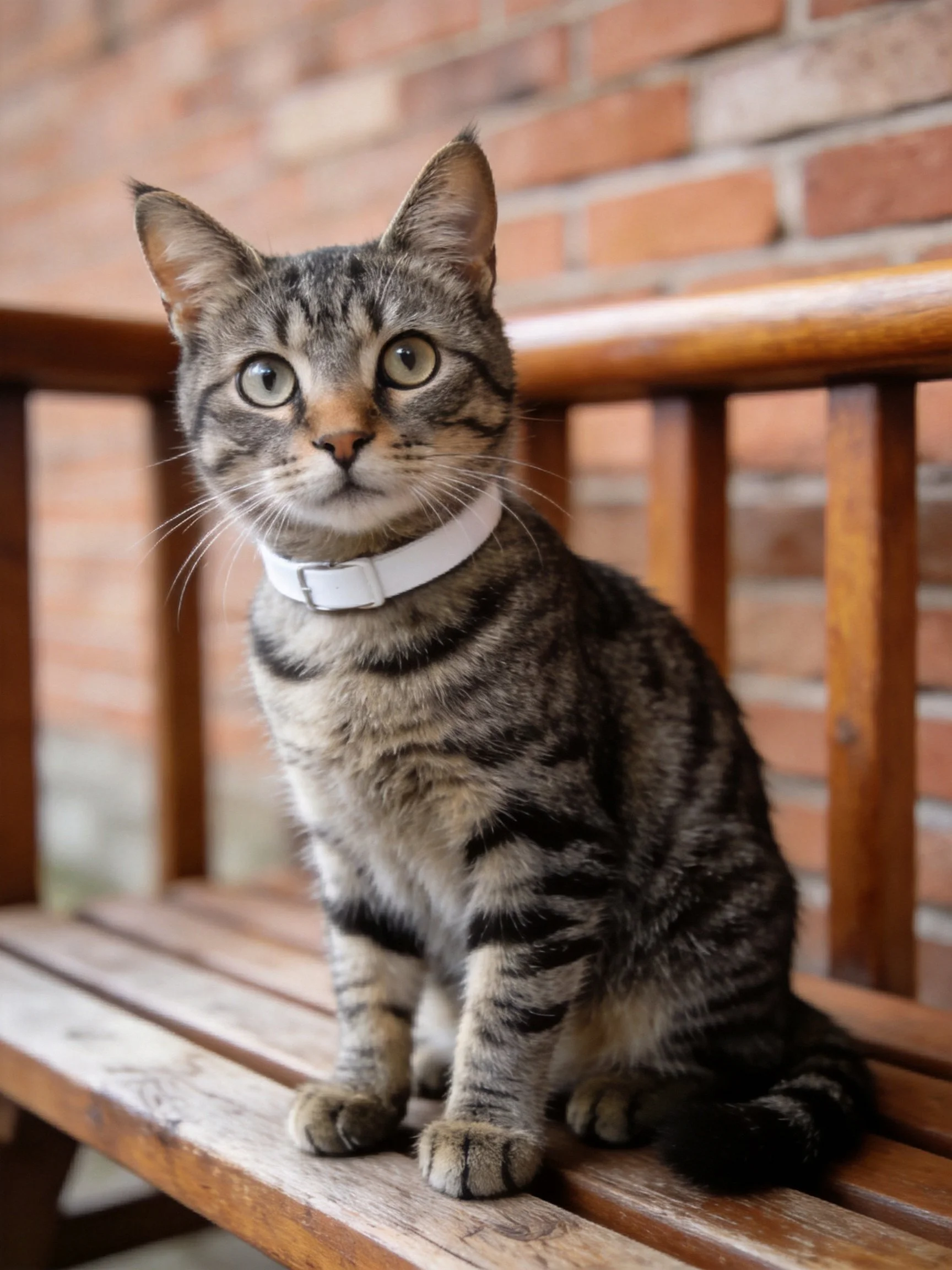 A gray tabby cat with a white collar sits on a wooden bench near a brick wall