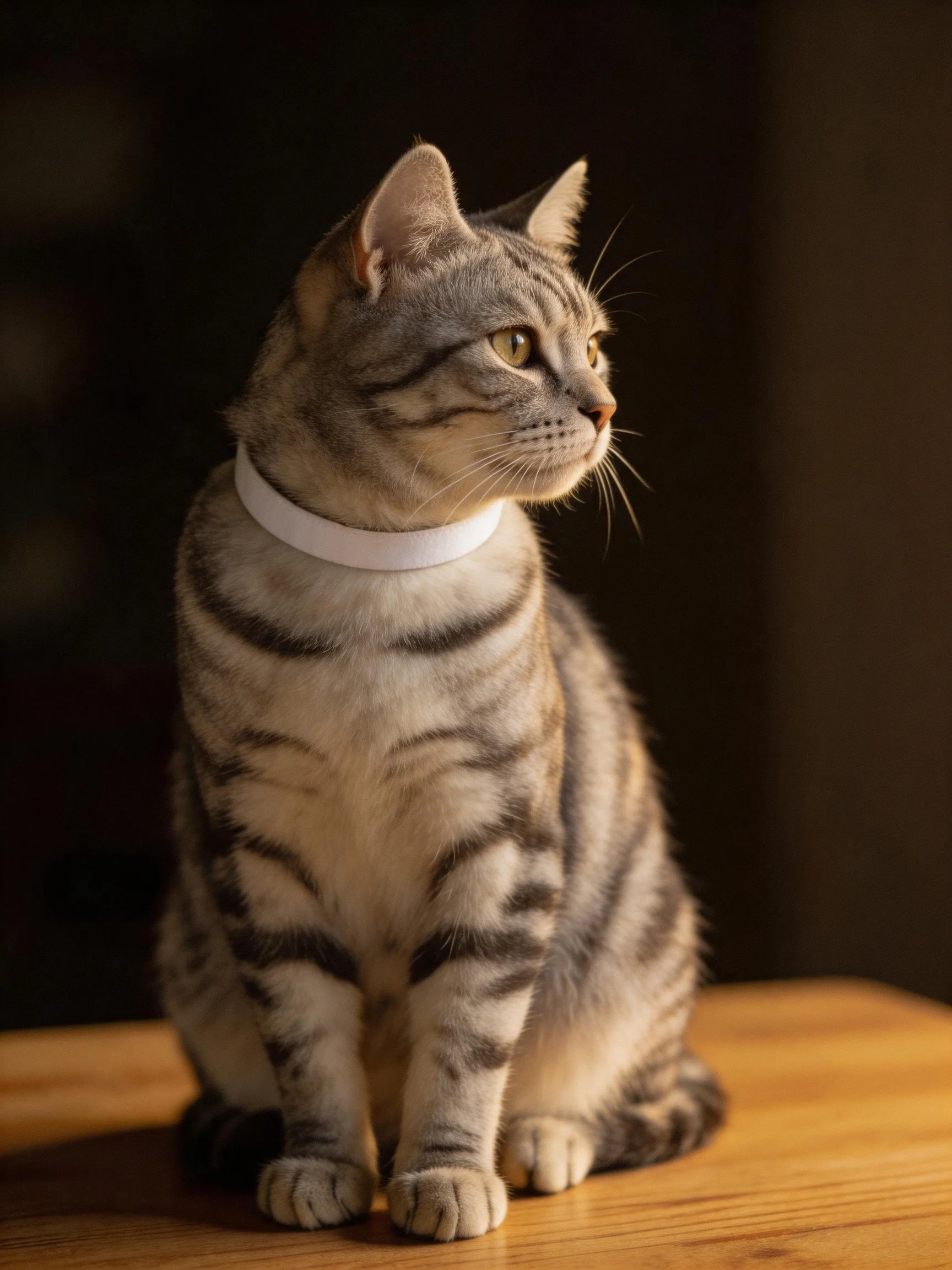 A gray tabby cat with a white collar sits on a wooden table