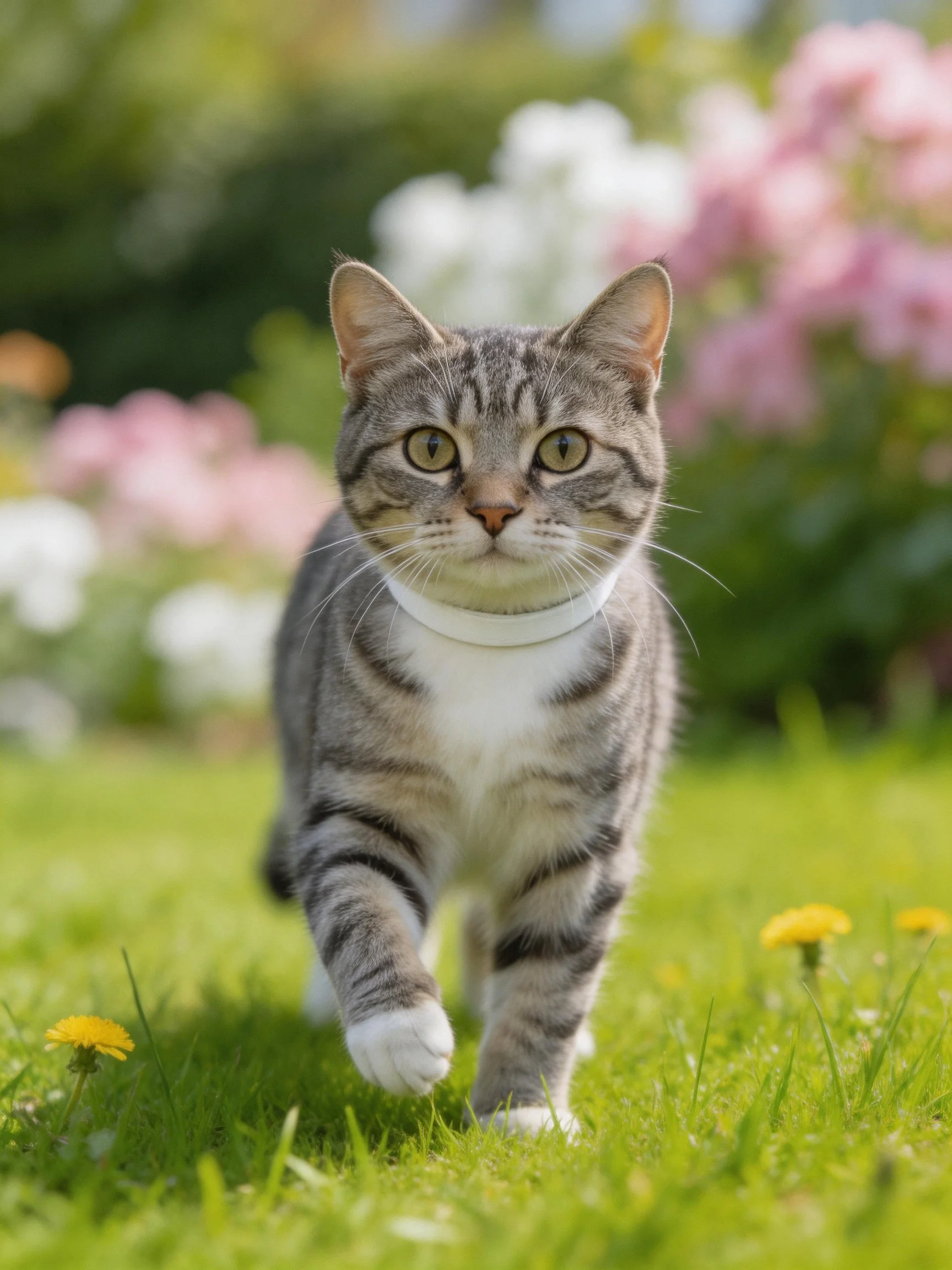 A gray tabby cat with a white collar walks through a flowered grassy area
