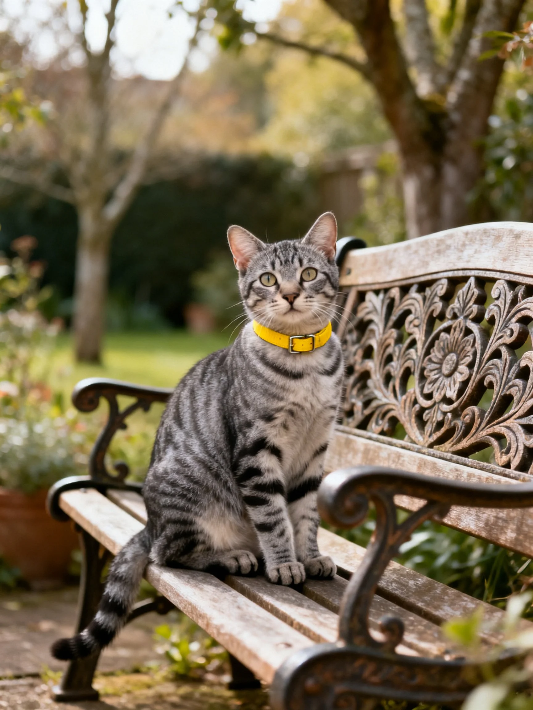 A gray tabby cat with a yellow collar sits on an ornate wooden bench