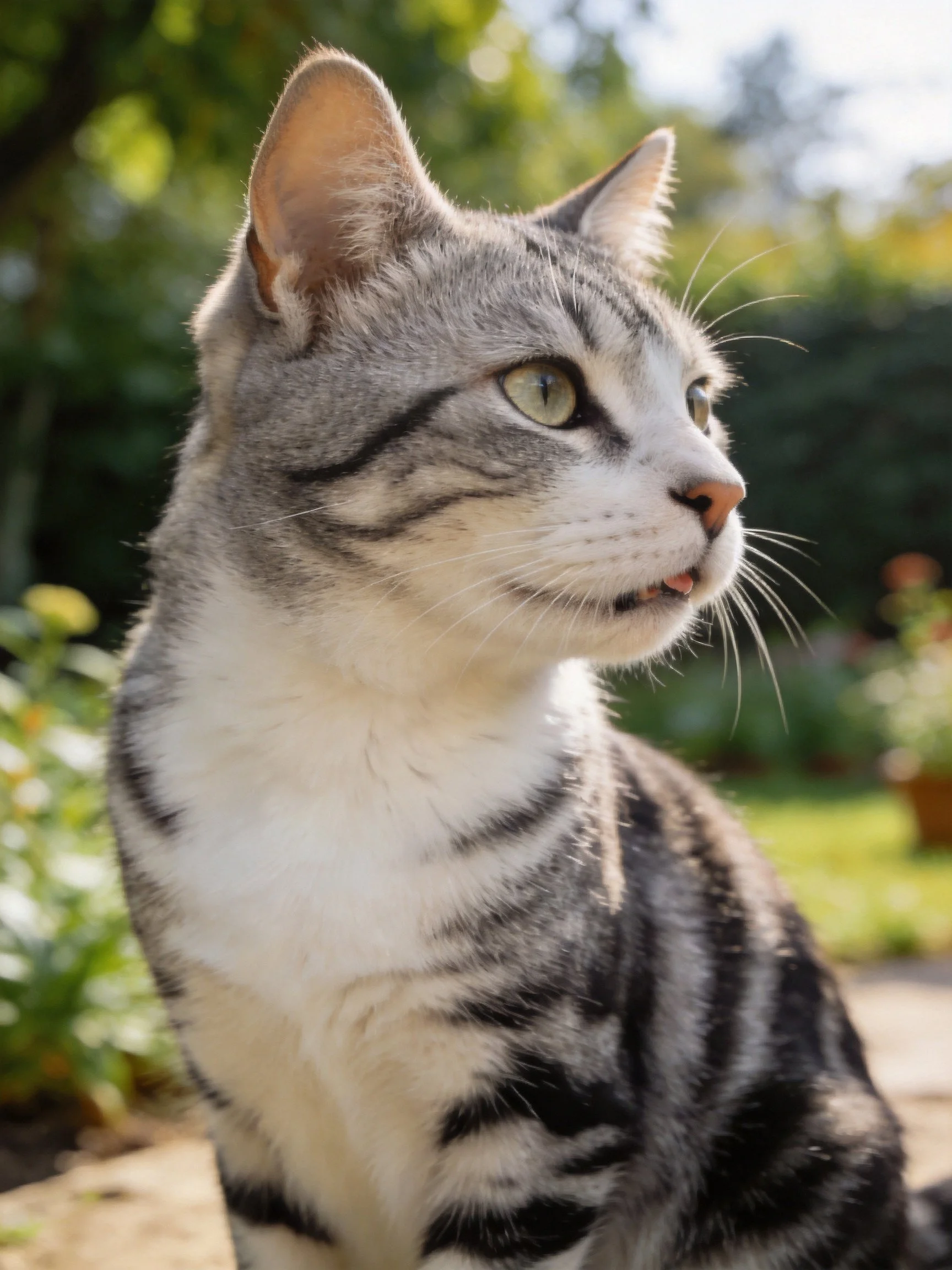 A gray tabby cat with black stripes in a sunlit garden