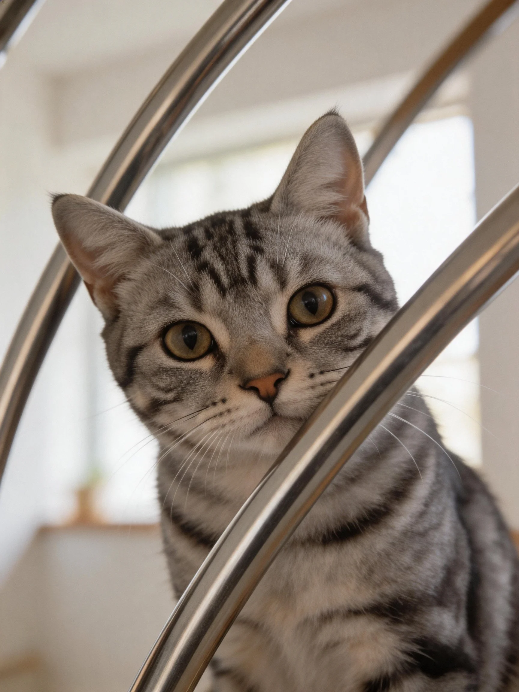 A gray tabby cat with black stripes sits behind metallic curved bars