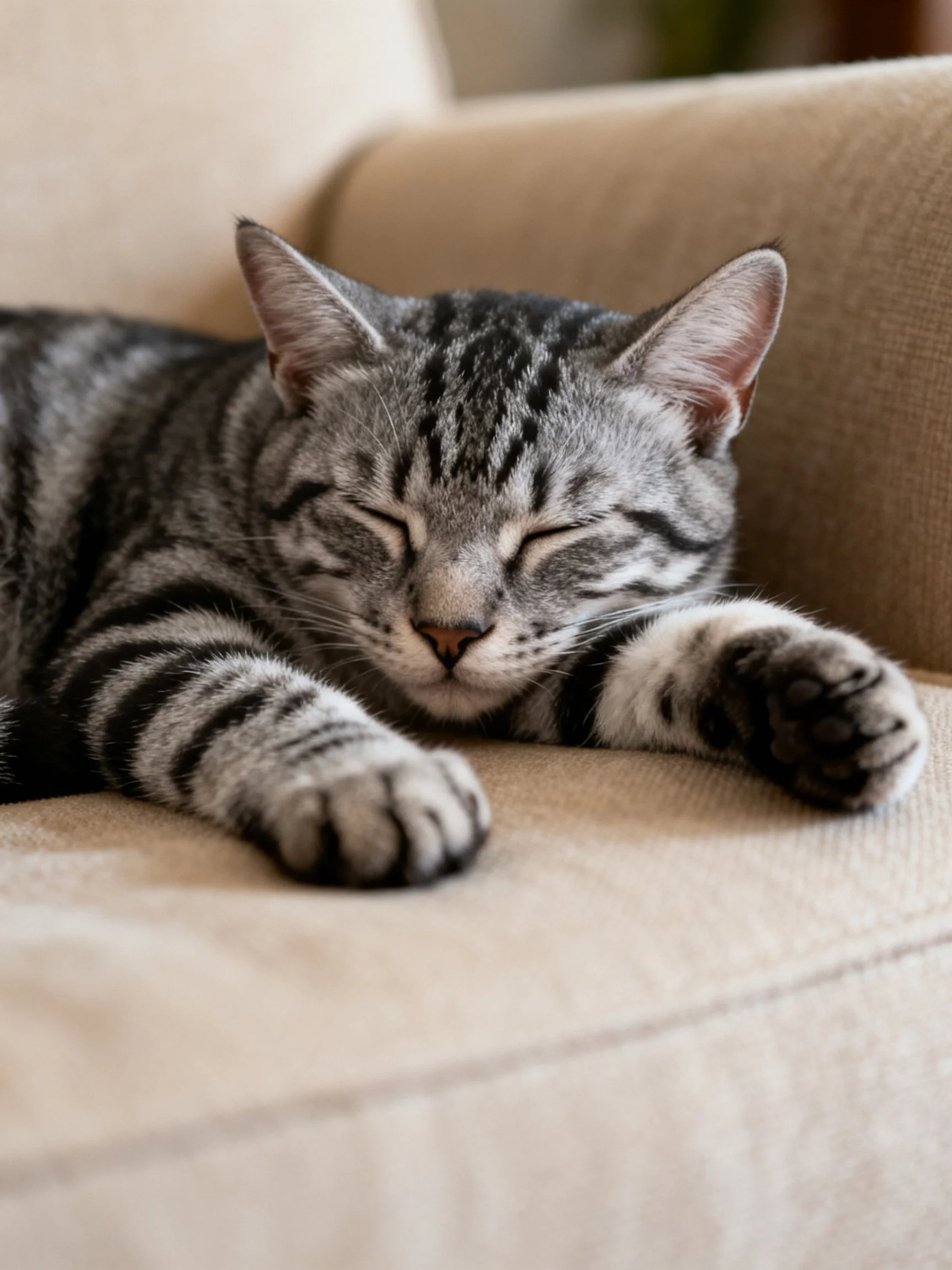 A gray tabby cat with black stripes sleeps on a beige couch
