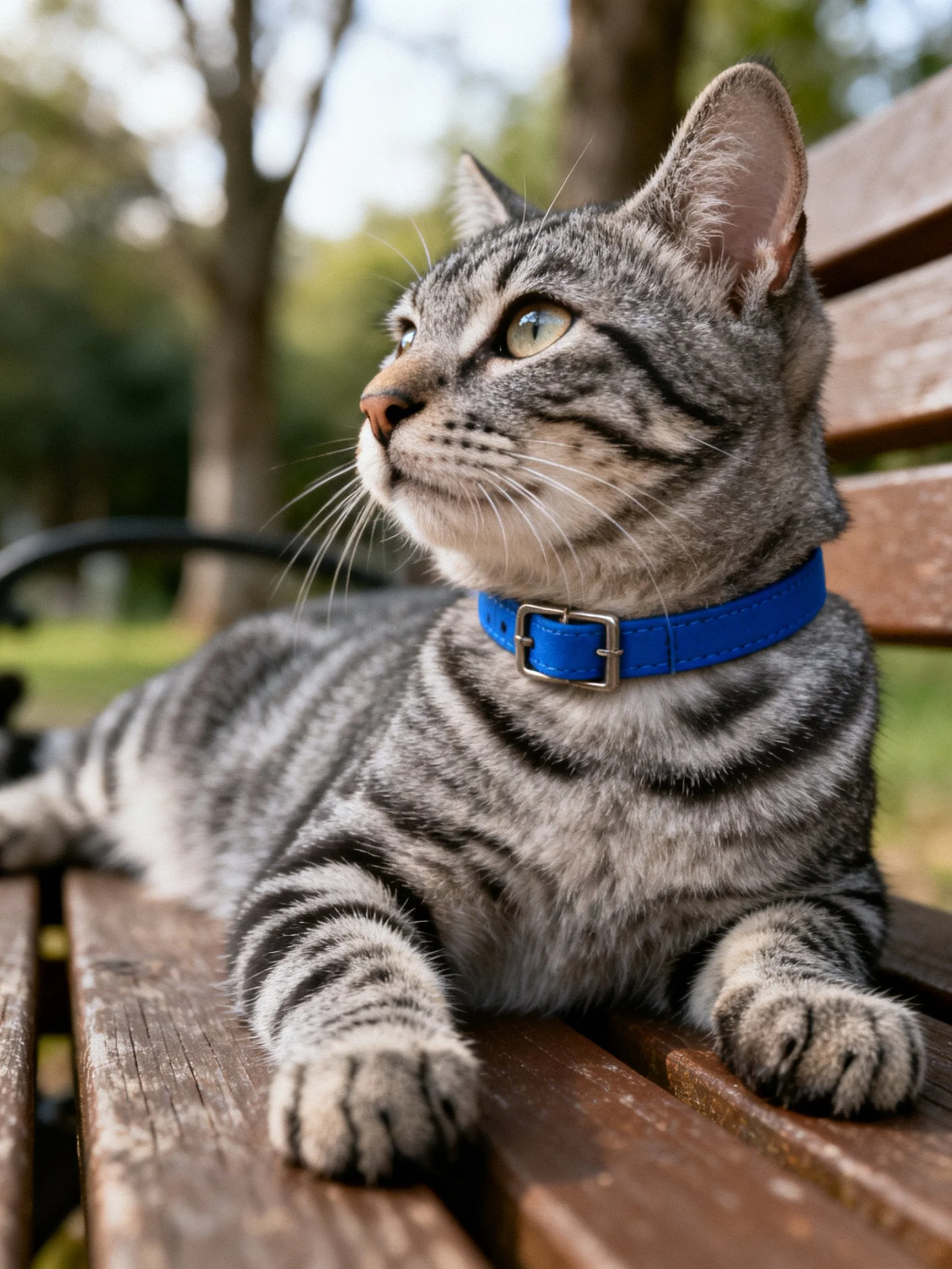 A gray tabby cat with blue collar resting on a weathered wooden park bench
