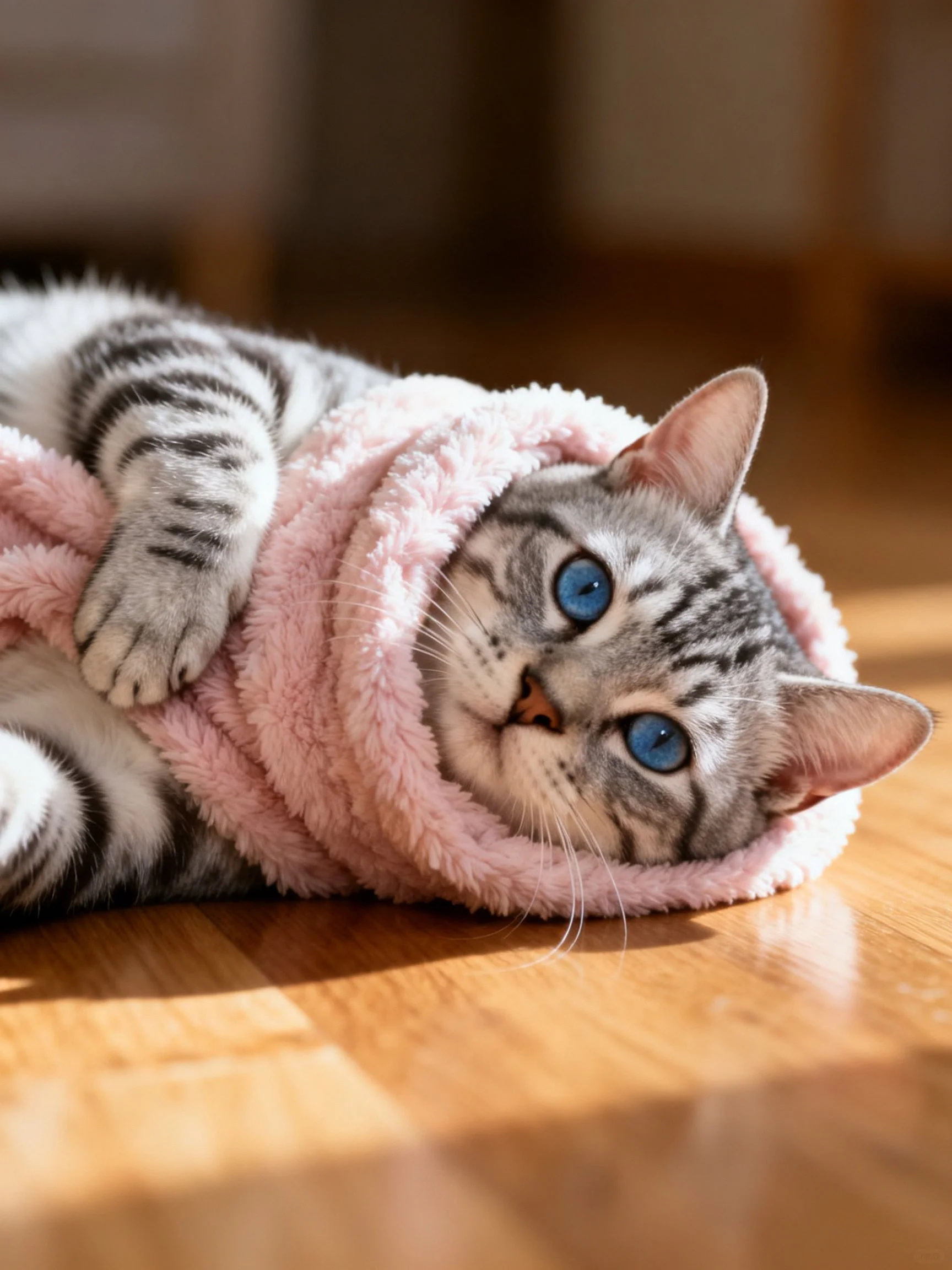 A gray tabby cat with blue eyes in a pink hoodie relaxes on wood