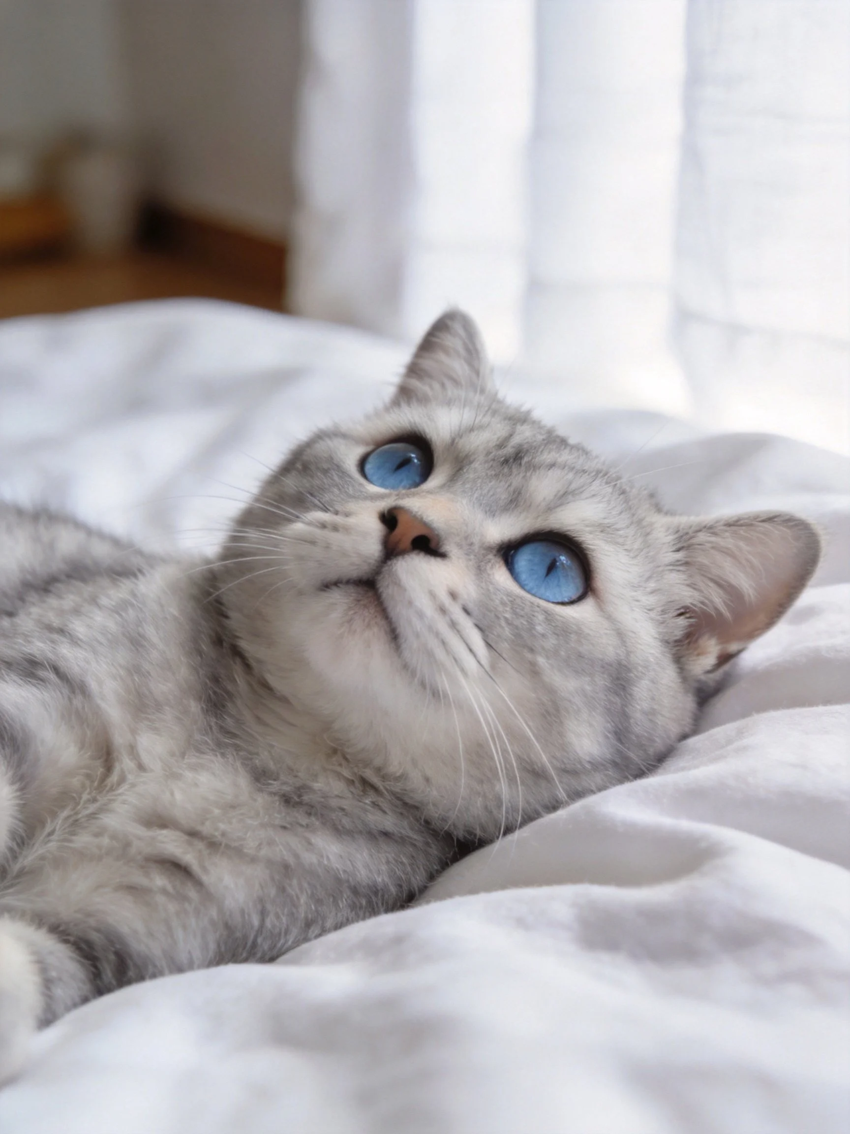 A gray tabby cat with blue eyes relaxes on white bedding by a window.