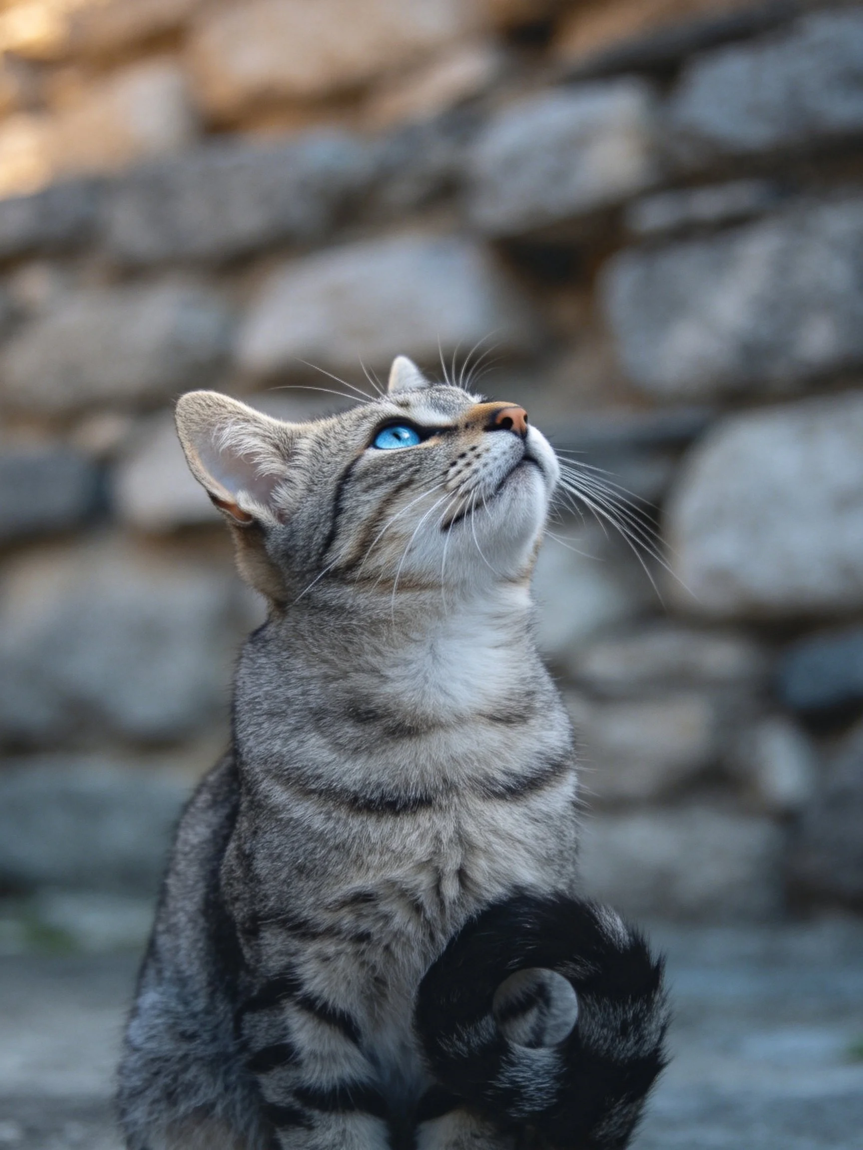 A gray tabby cat with blue eyes looks upward near a stone wall.