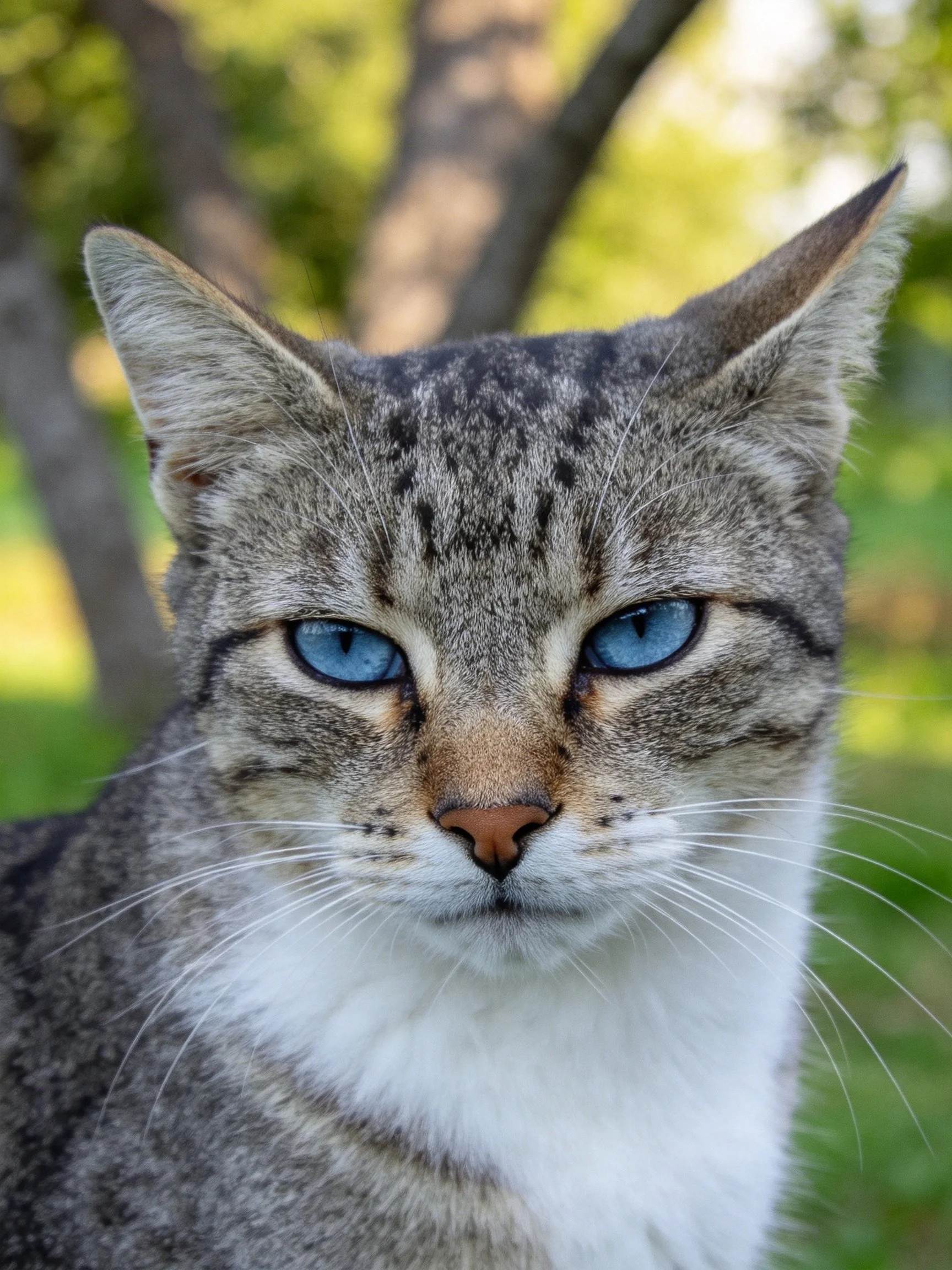 A gray tabby cat with blue eyes is photographed outdoors near trees.
