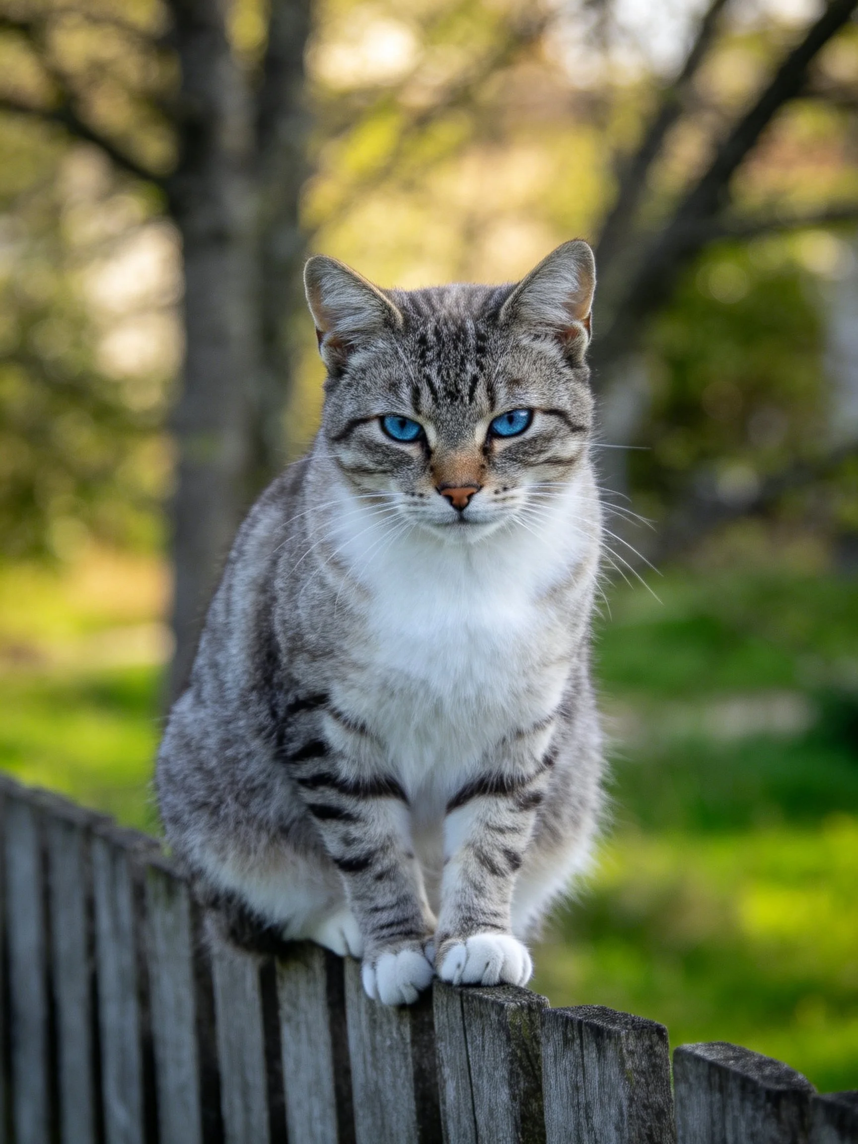 A gray tabby cat with blue eyes perched on a weathered fence