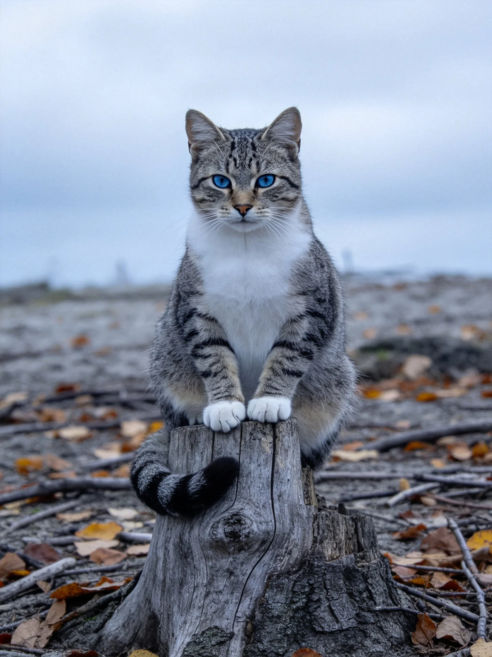 A gray tabby cat with blue eyes sits atop a weathered tree stump amid scattered leaves
