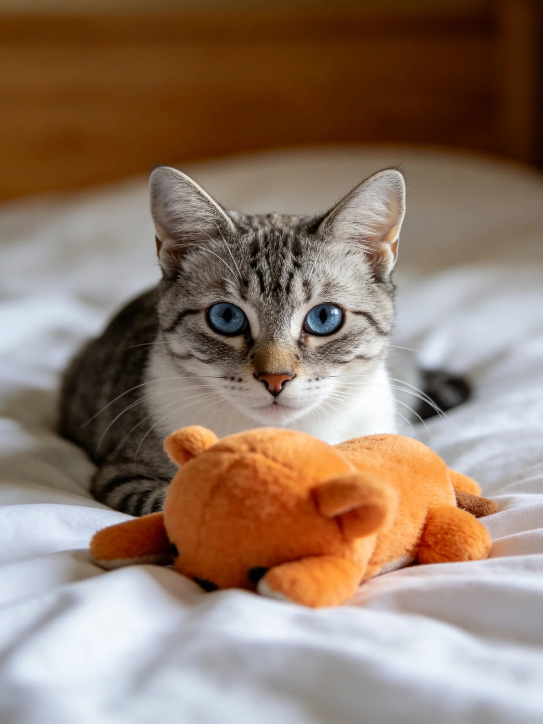 A gray tabby cat with blue eyes rests beside an orange plush toy on white bedding