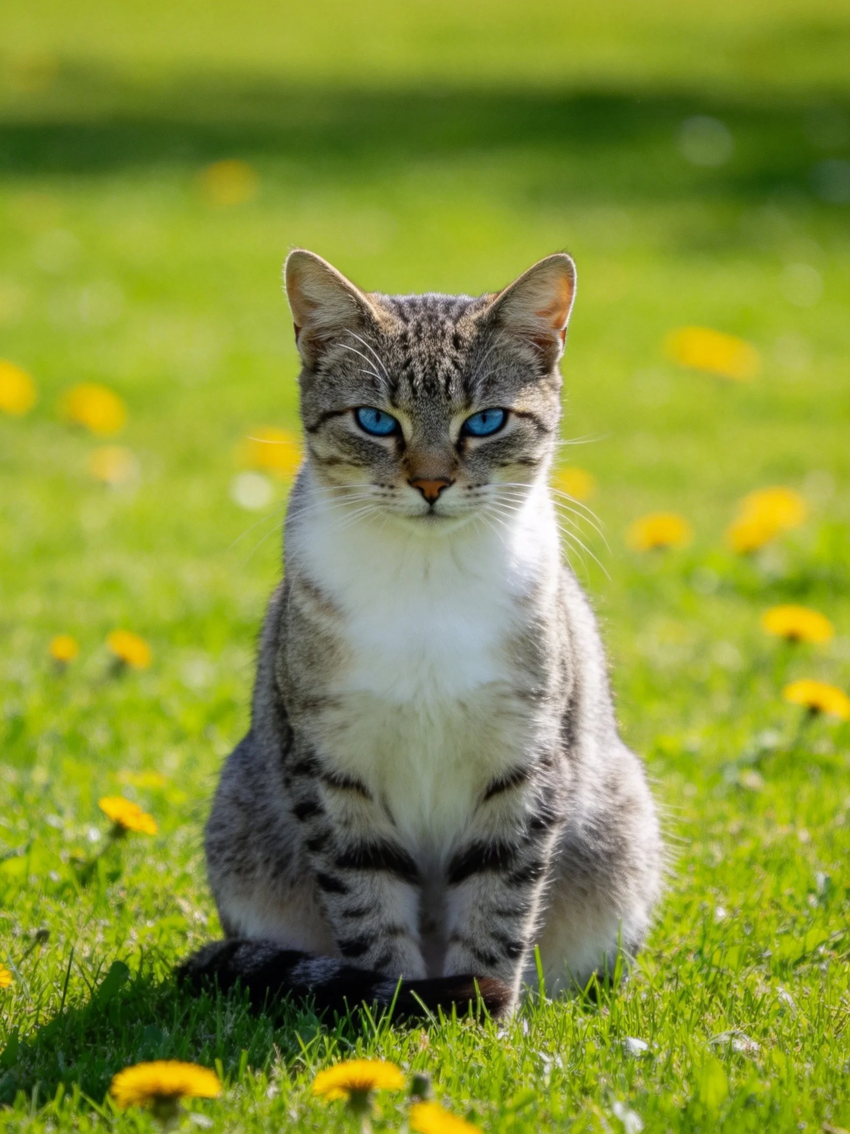A gray tabby cat with blue eyes sits amid yellow flowers