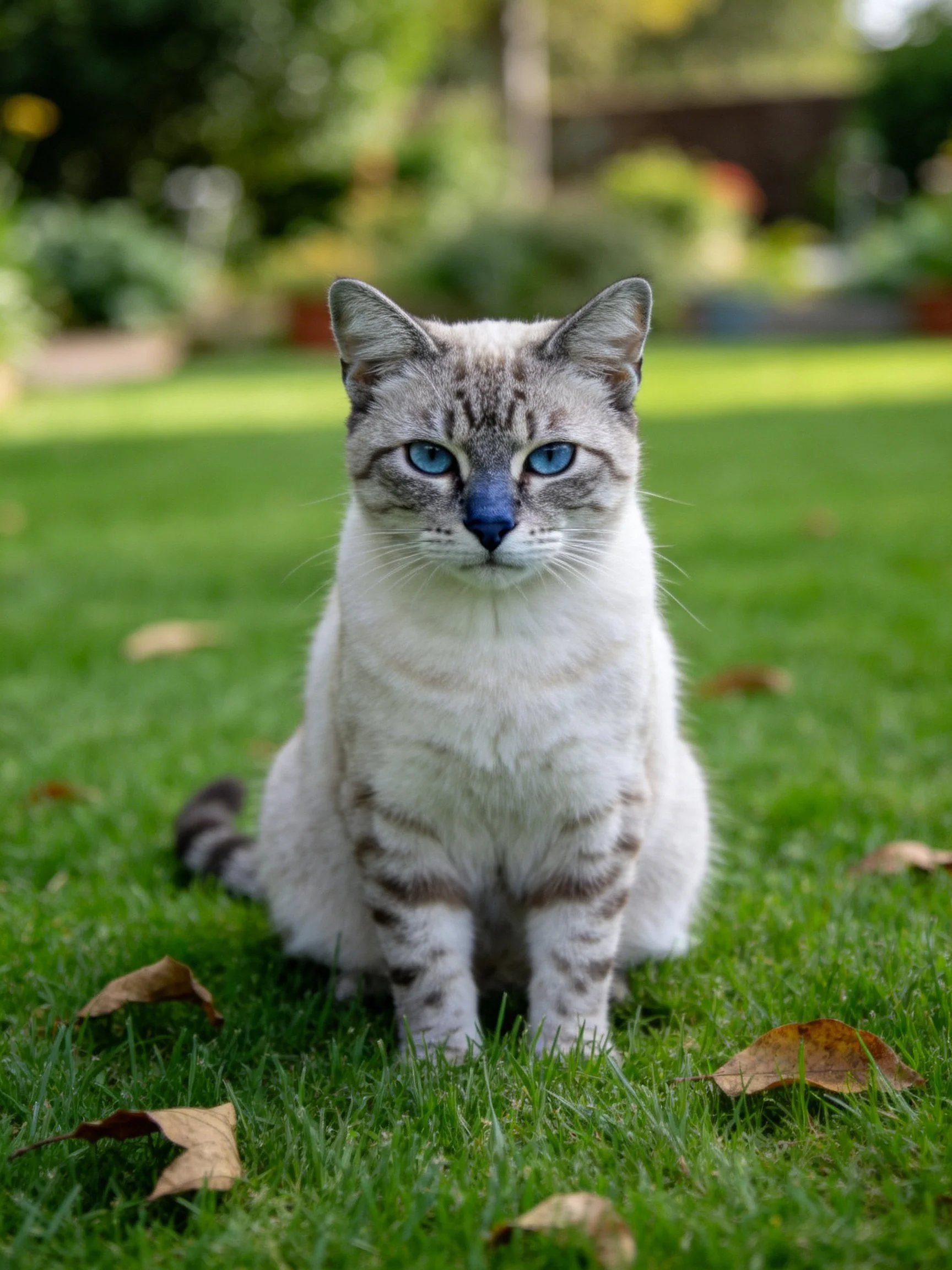 A gray tabby cat with blue eyes sits on green grass