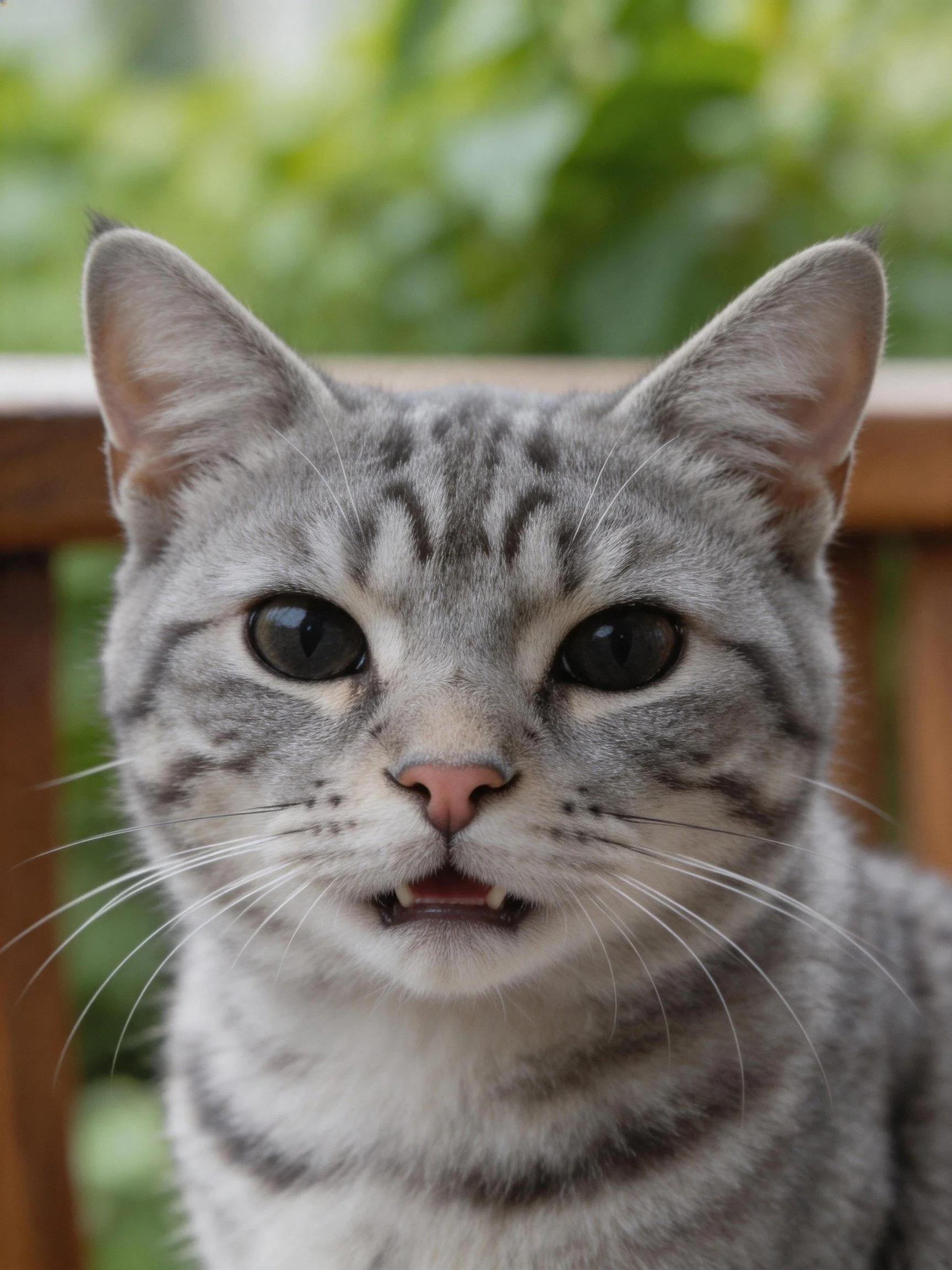 A gray tabby cat with bold stripes and large dark eyes