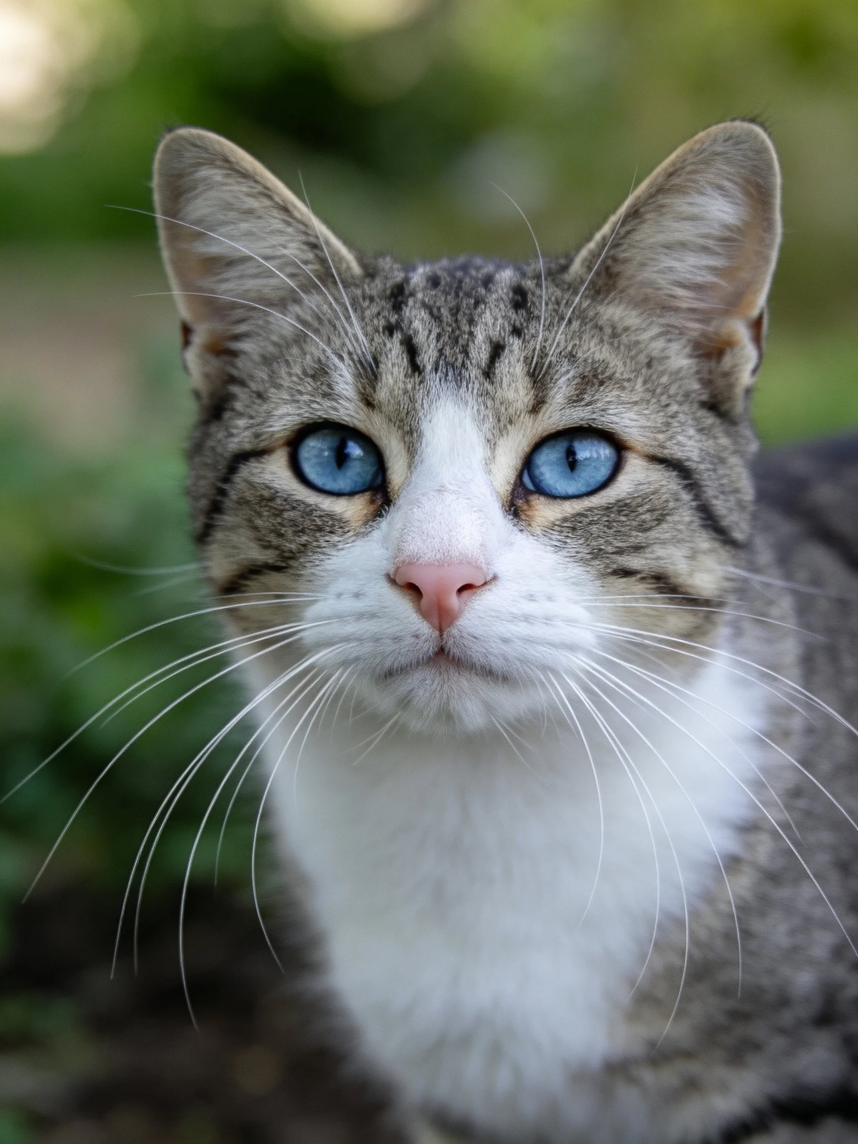 A gray tabby cat with bright blue eyes and prominent whiskers