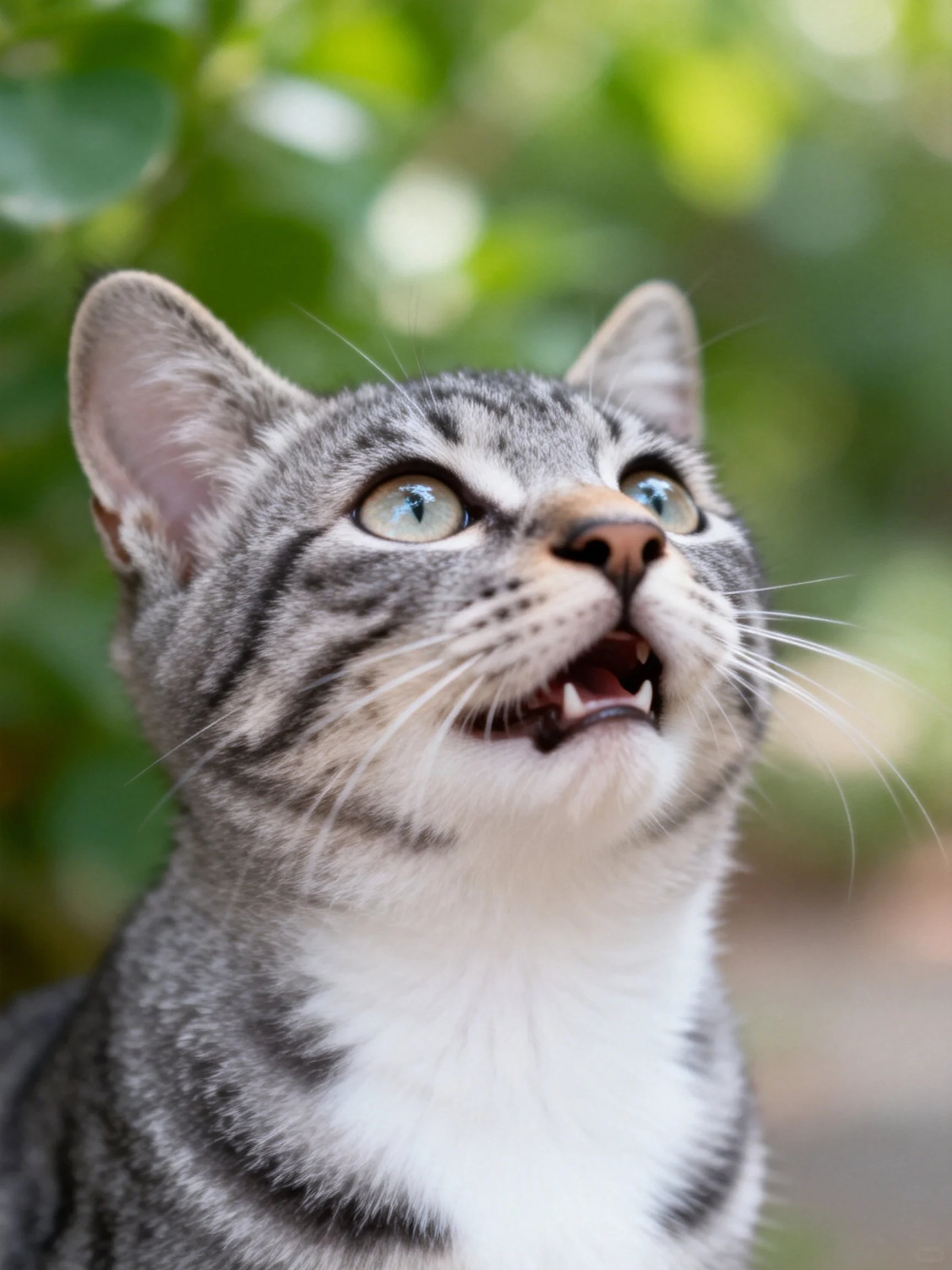 A gray tabby cat with bright blue eyes gazes upward amid green foliage