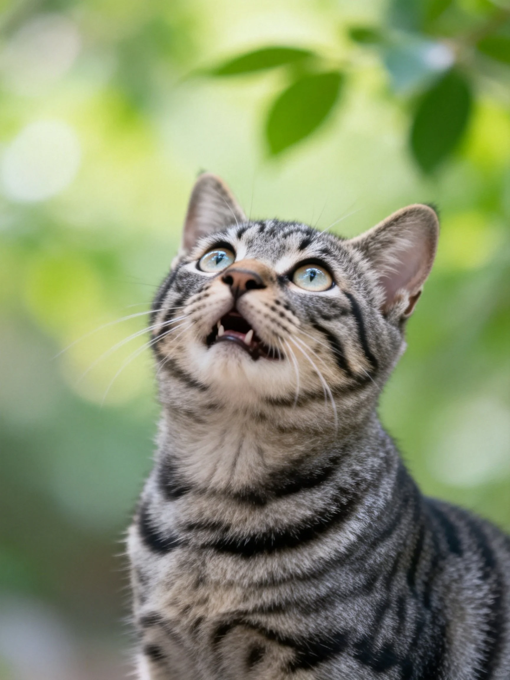 A gray tabby cat with bright blue eyes gazes upward near green foliage