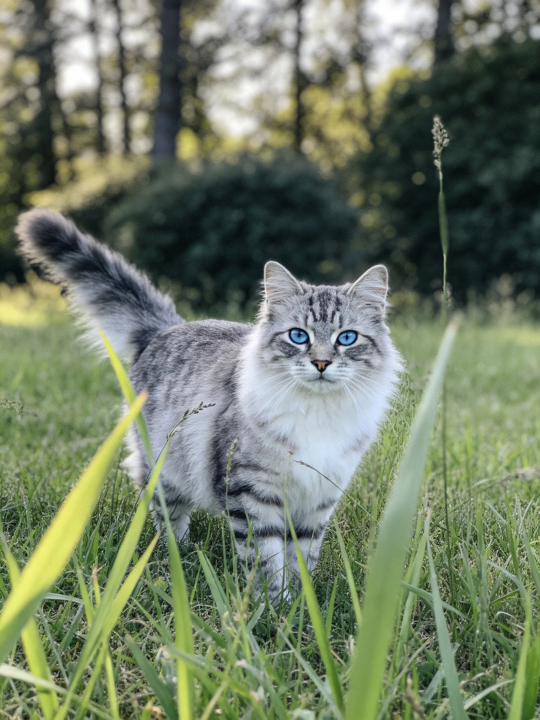 A gray tabby cat with bright blue eyes in tall green grass