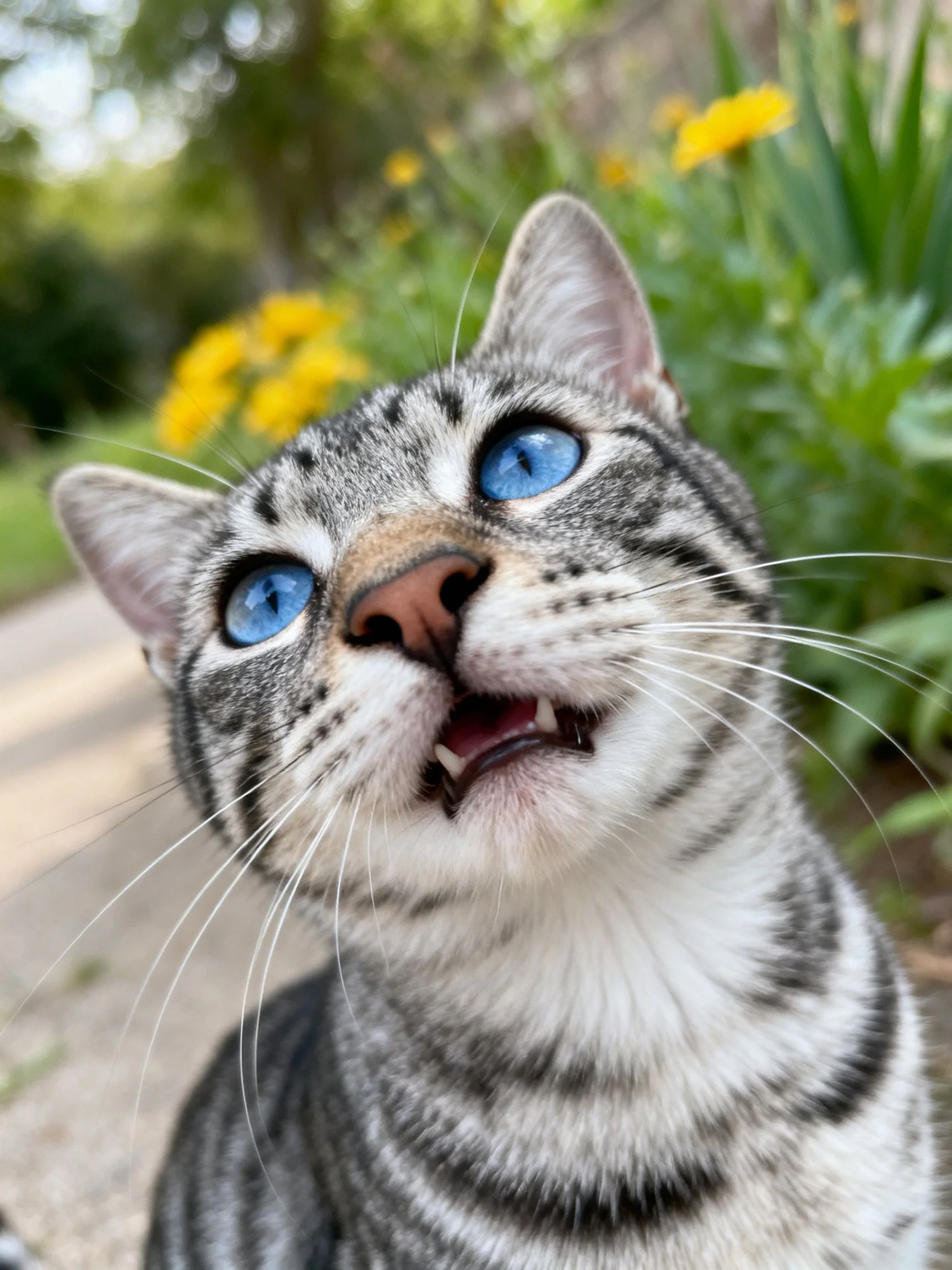 A gray tabby cat with bright blue eyes looks upward near yellow flowers