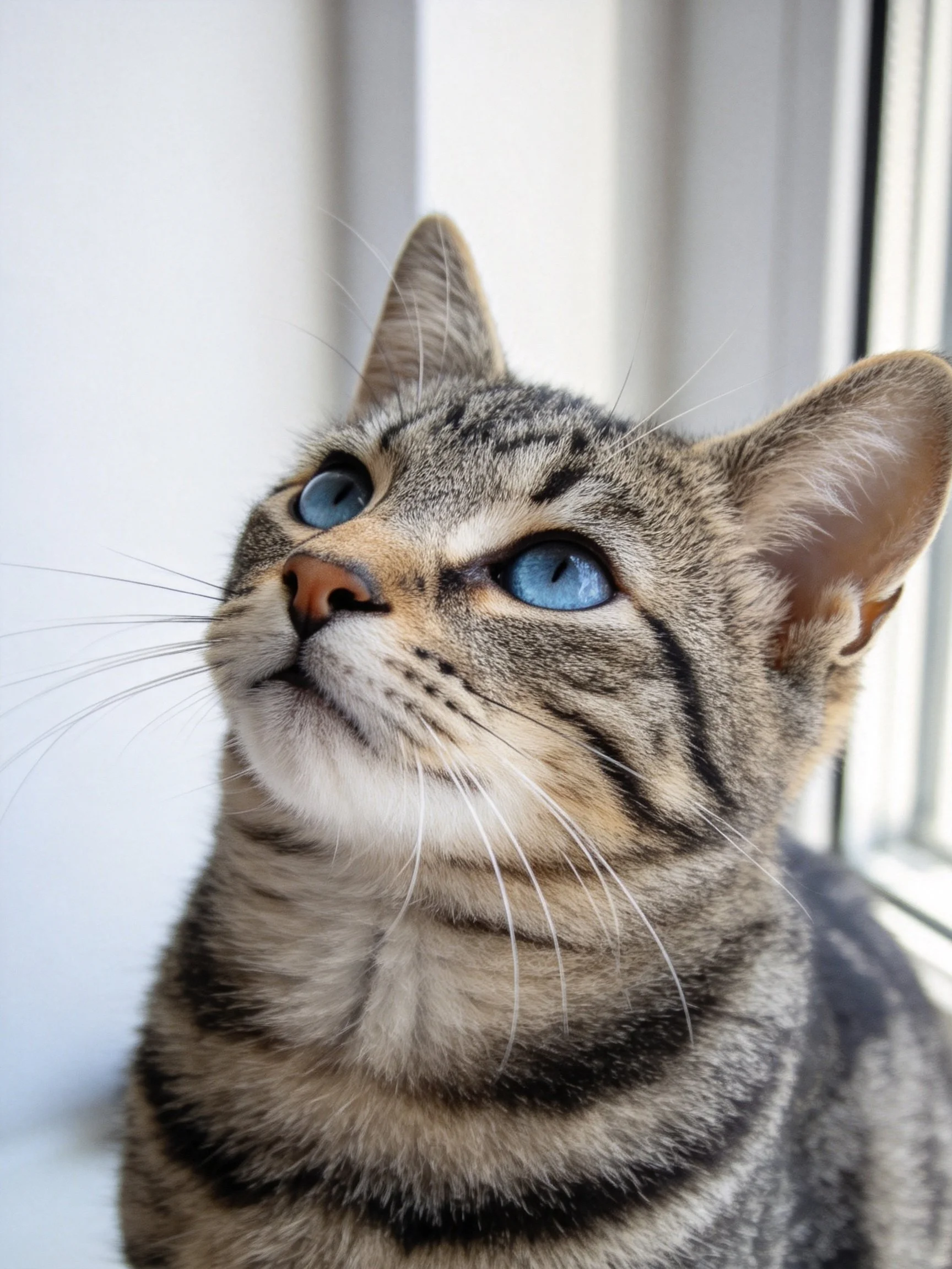 A gray tabby cat with bright blue eyes near a window