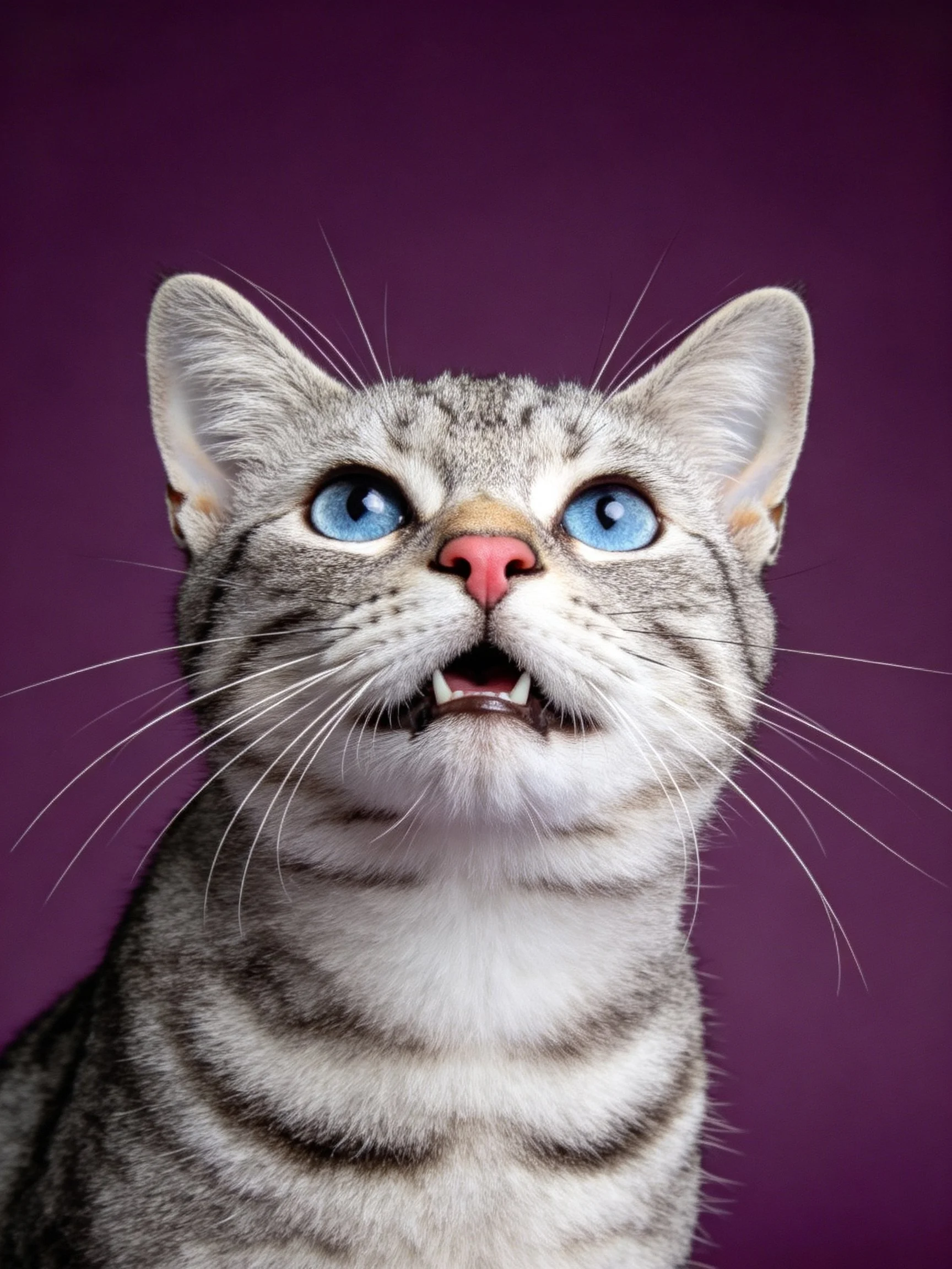 A gray tabby cat with bright blue eyes on a deep purple backdrop