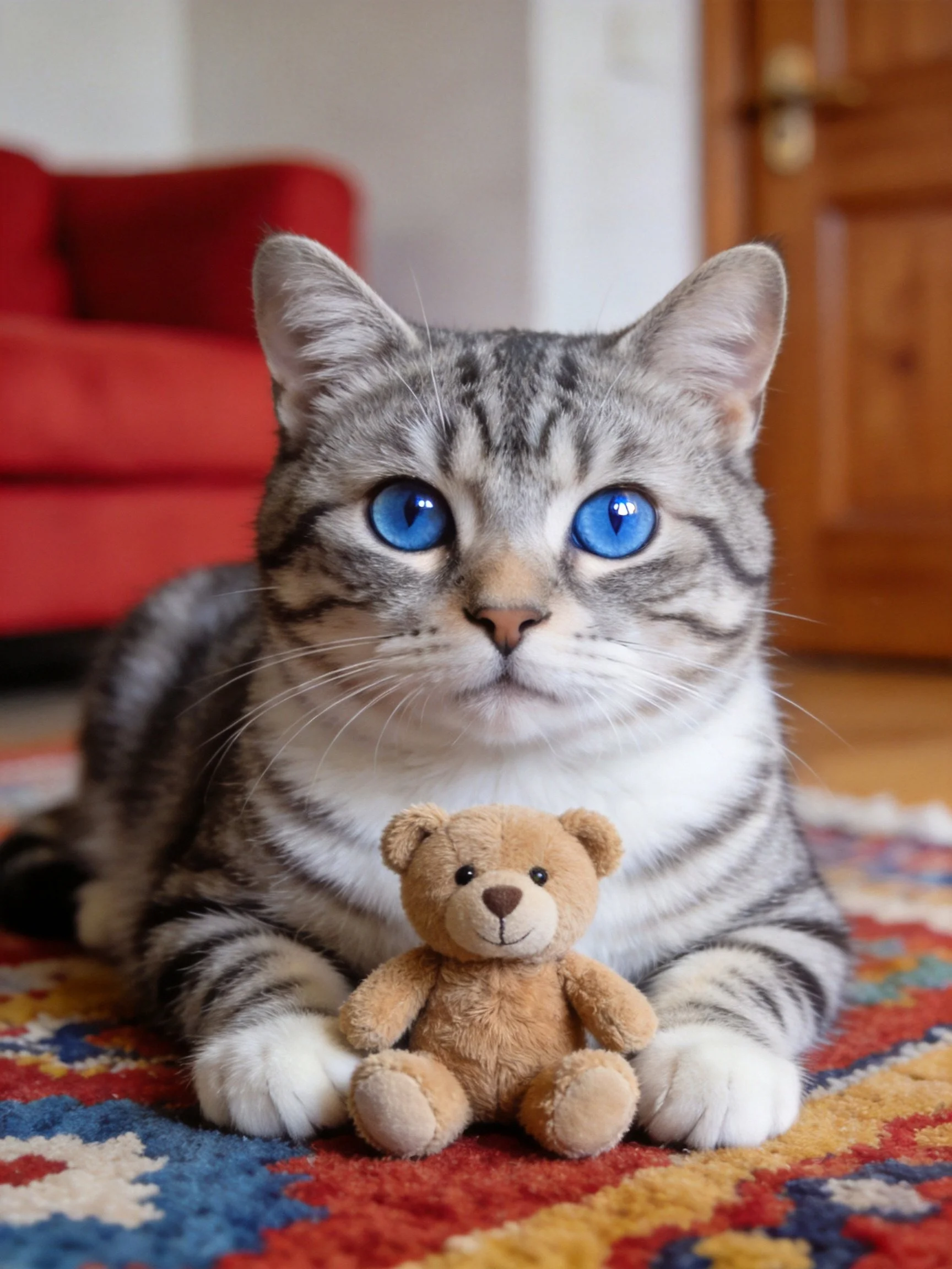 A gray tabby cat with bright blue eyes rests beside a small brown teddy bear on a multicolored rug