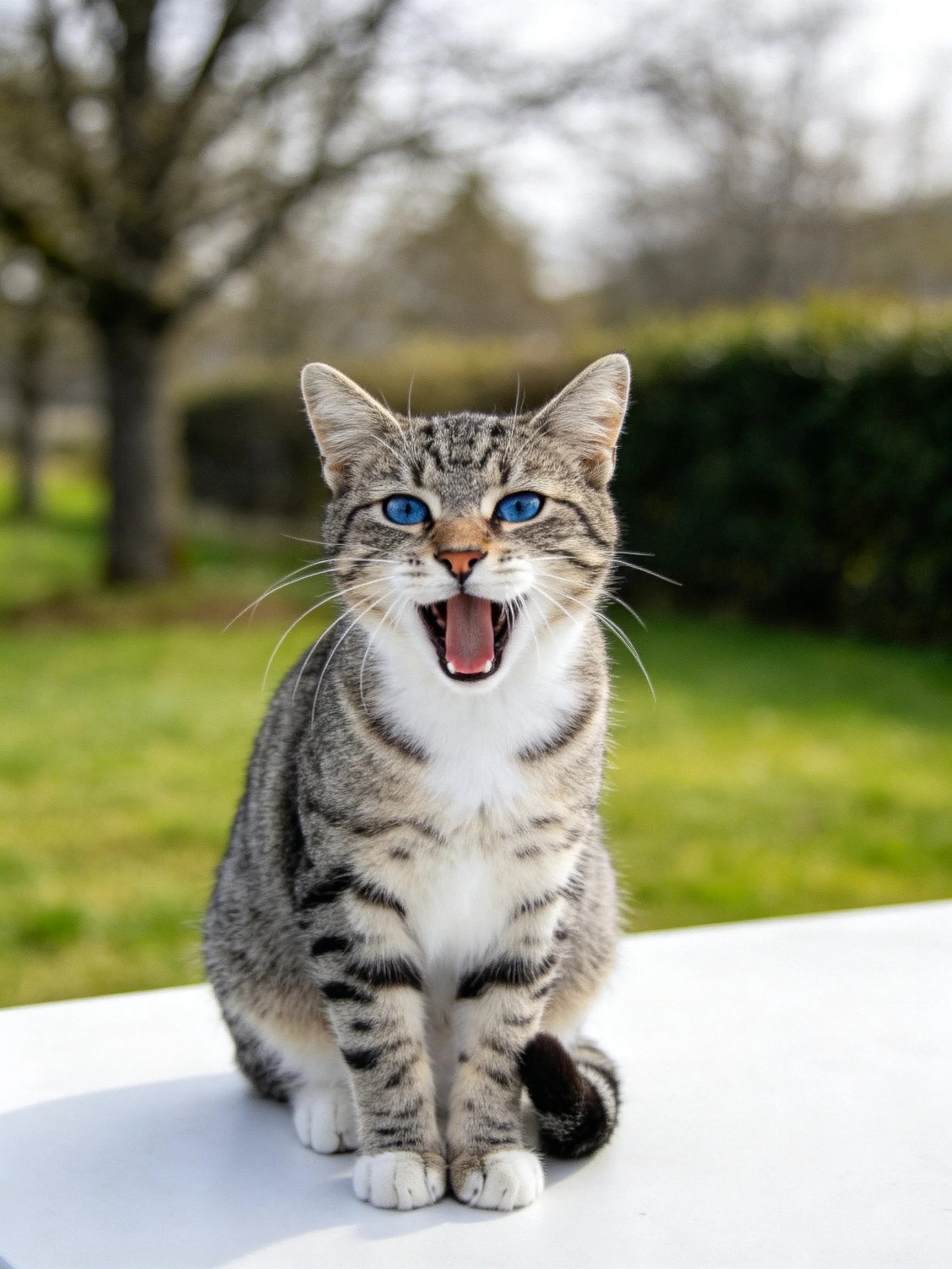 A gray tabby cat with bright blue eyes sits on a white surface outdoors