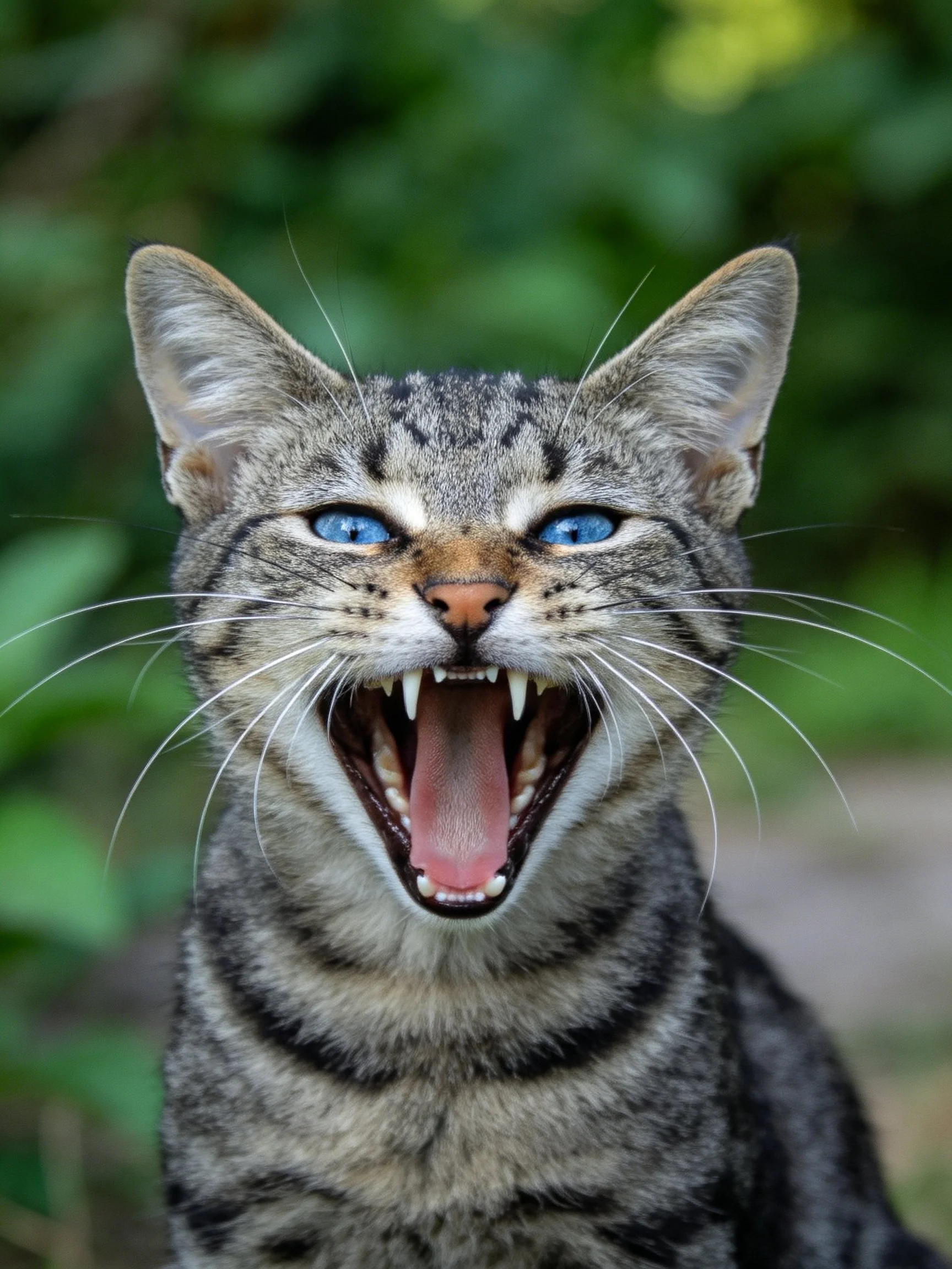 A gray tabby cat with bright blue eyes yawning outdoors