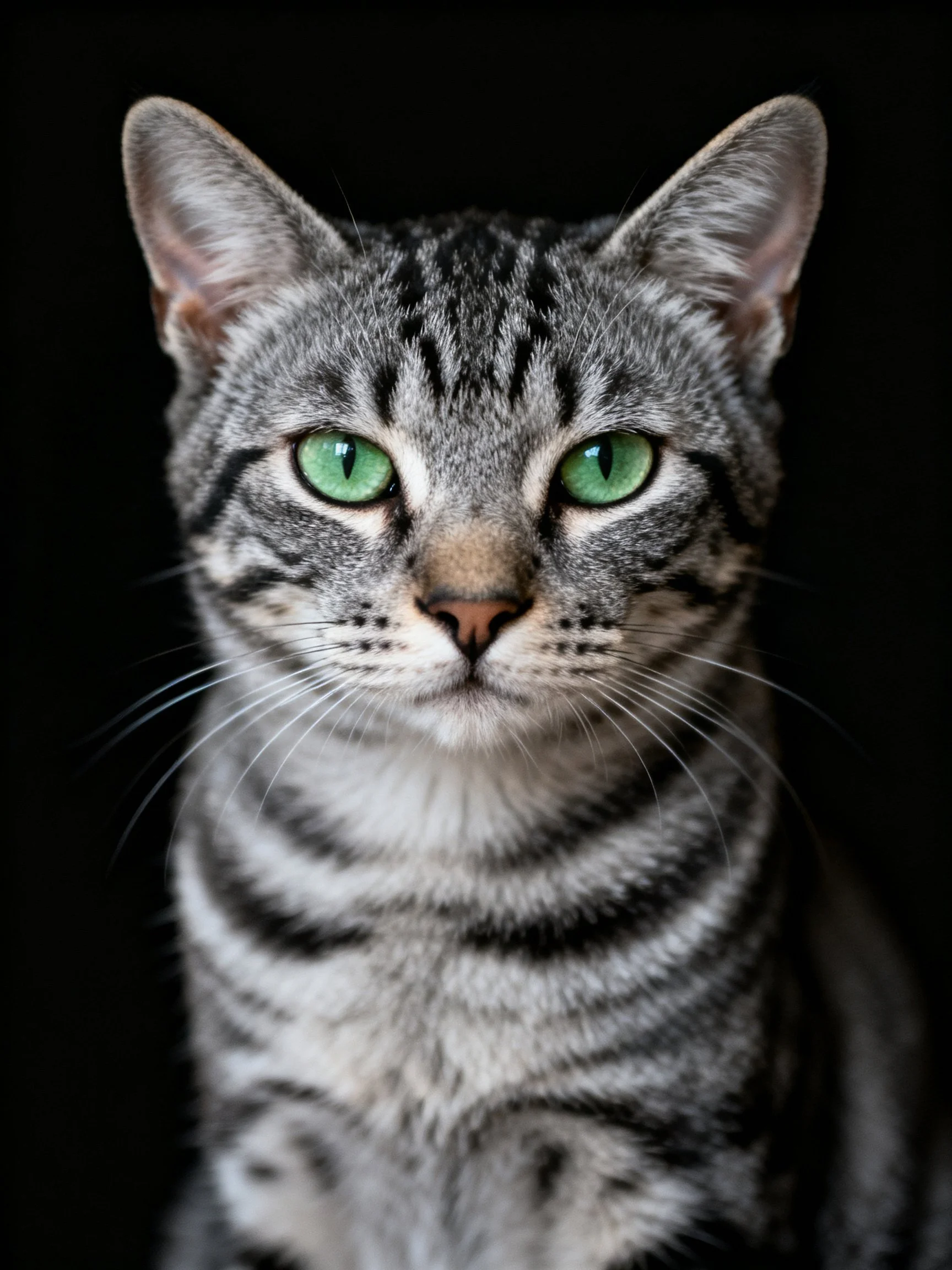 A gray tabby cat with bright green eyes is centered against a dark background, showcasing its features.