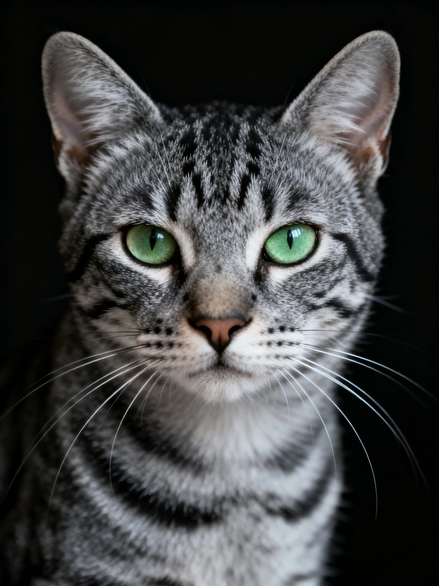 A gray tabby cat with green eyes is shown against a dark background.