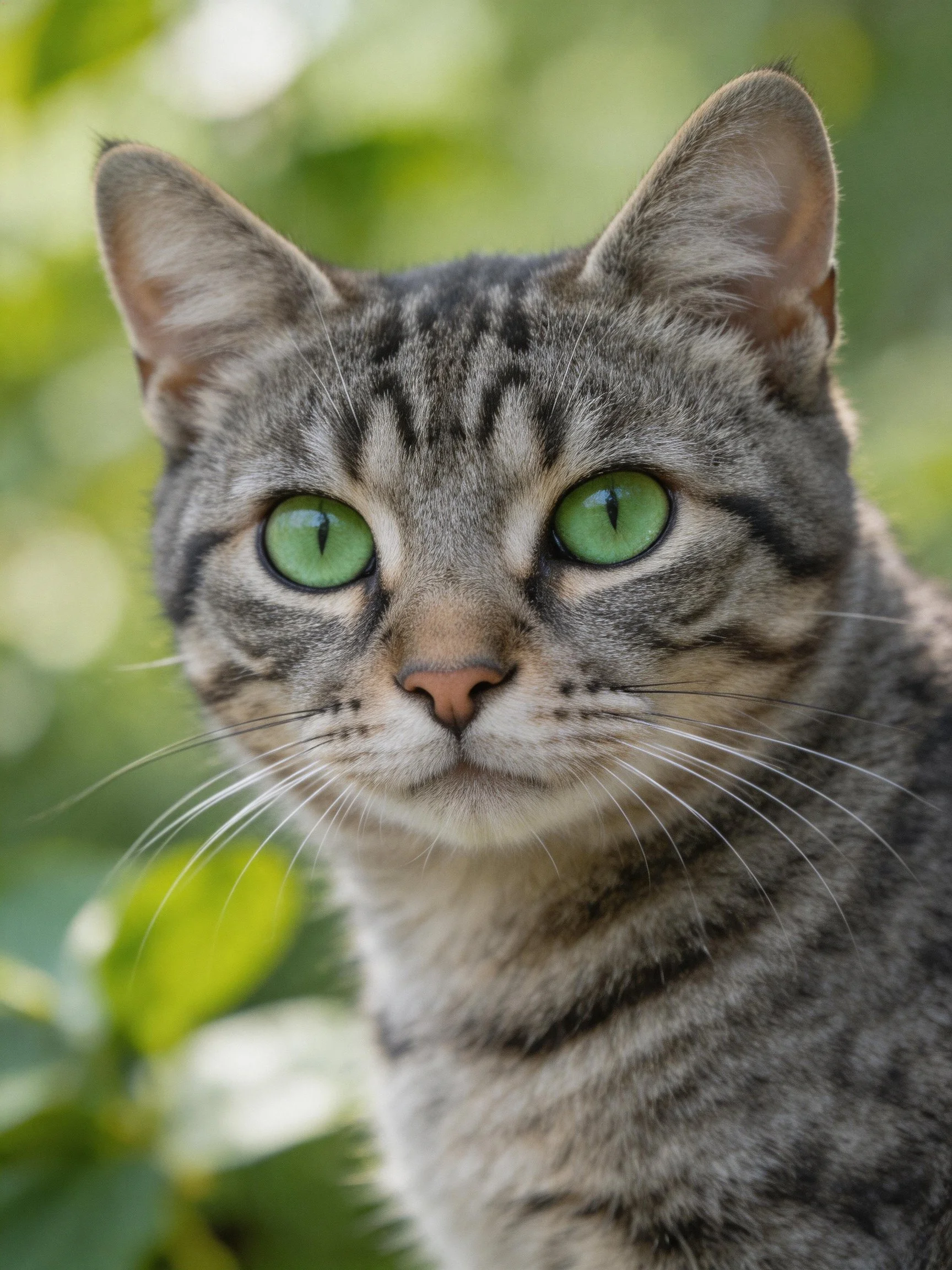 A gray tabby cat with bright green eyes is centered before a softly blurred green background.